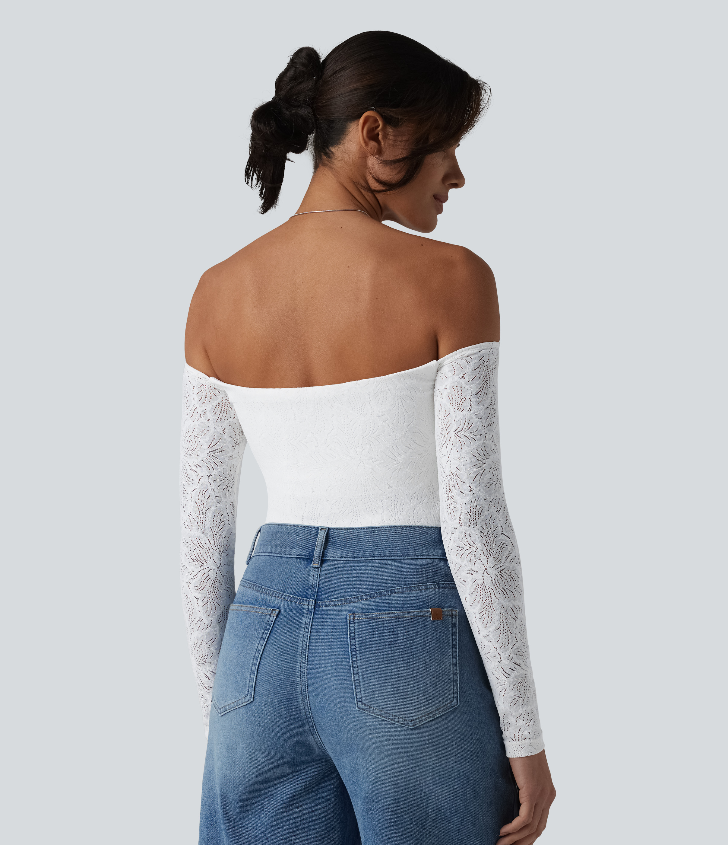 White Off Shoulder Built-in Bra Long Sleeve Lace Casual Top / 2