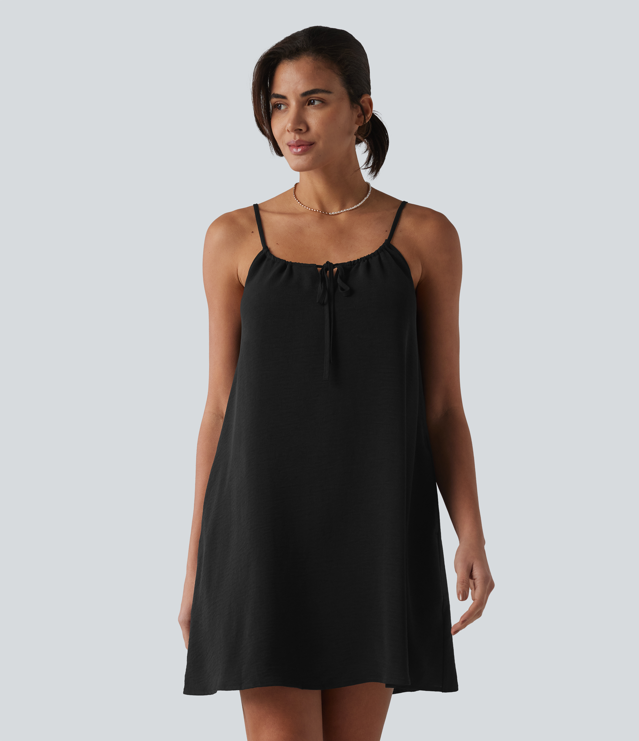 Lace Up Mini Linen-Feel Slip Dress with Pockets