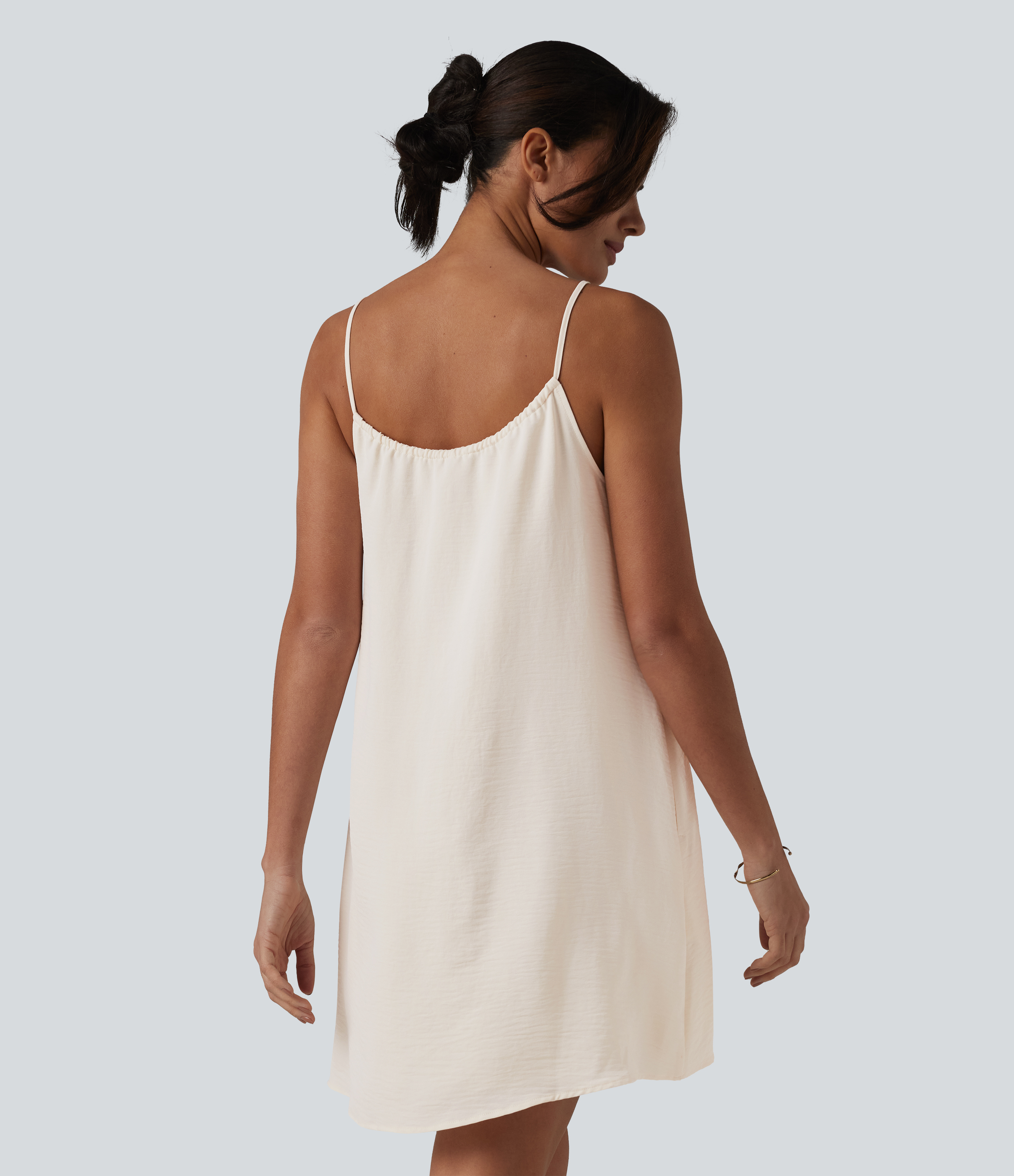 Whisper White Lace Up Mini Linen-Feel Slip Dress with Pockets / 2