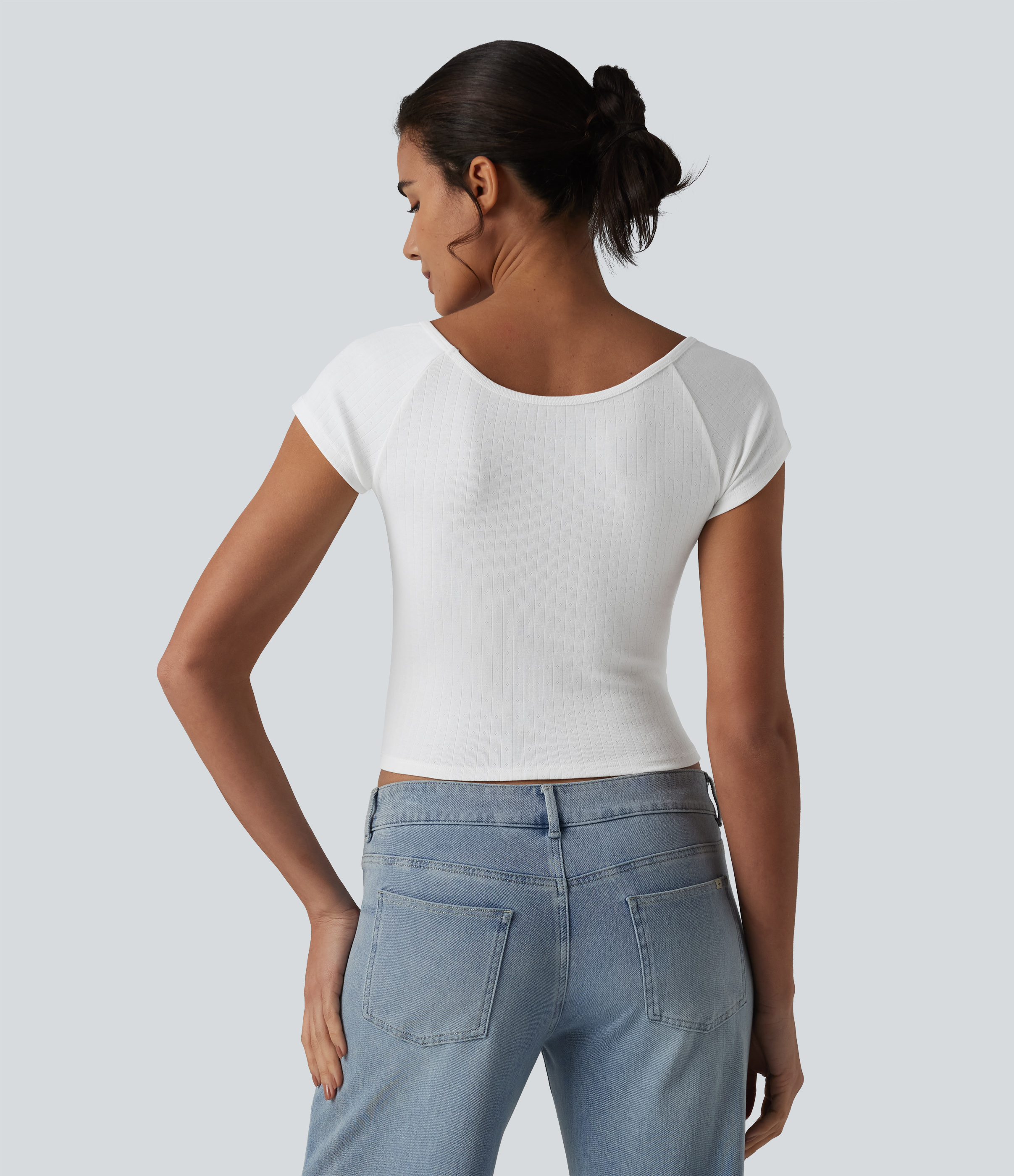 Blanc T-shirt col V manches courtes avec fronces / 2