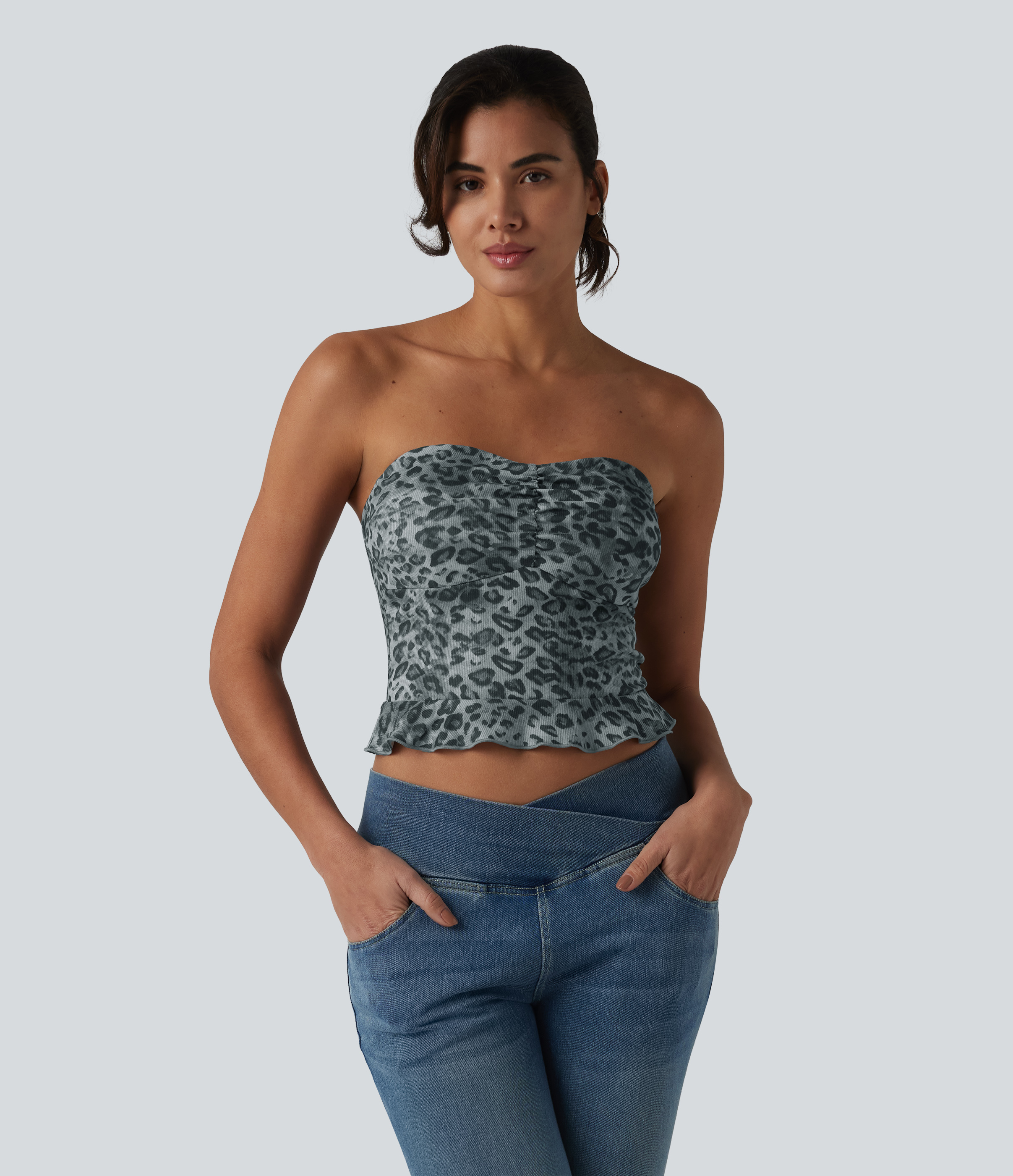 Ribbed Knit Leopard Print Ruffle Hem Casual Tube Top