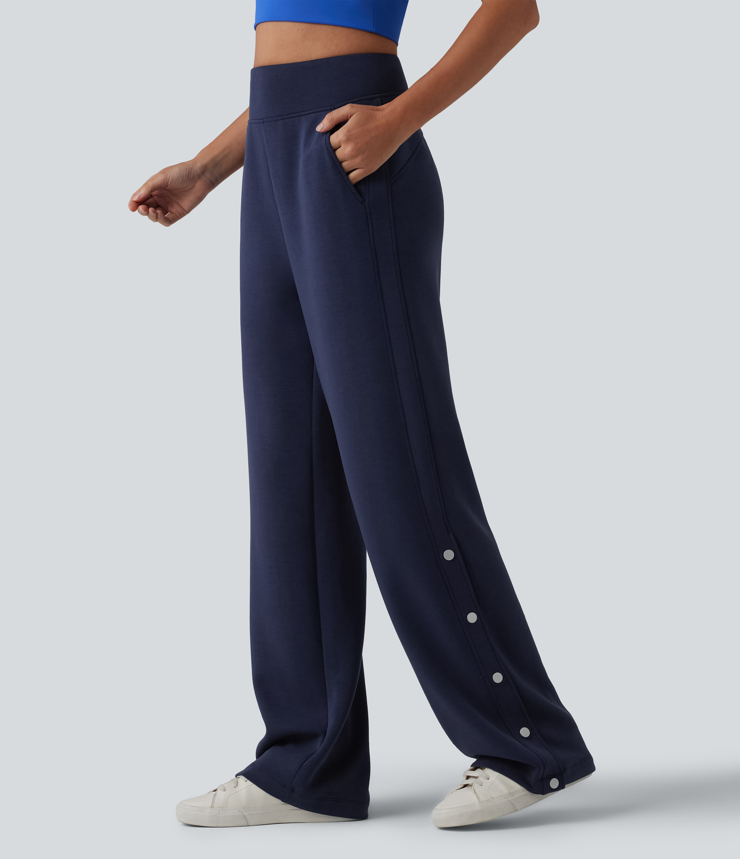 SpacerTek™ High Waisted Snap Button Casual Straight Leg Sweatpants with Pockets