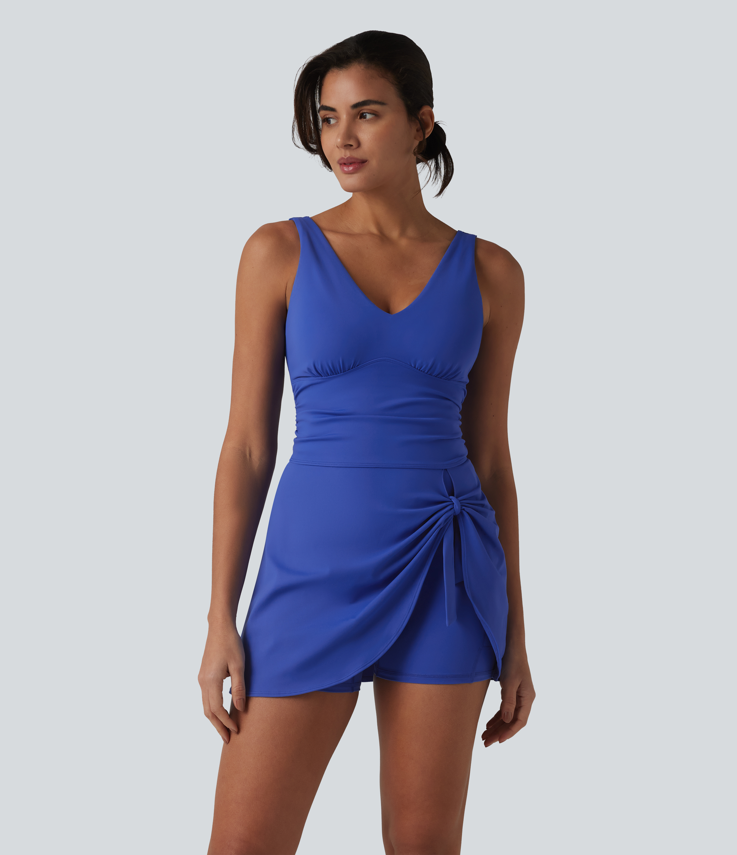 SoftlyZero™ Plush V Neck Built-in Bra Tie Side 2-in-1 Mini Yoga Active Dress with Pockets-Easy Peezy Edition