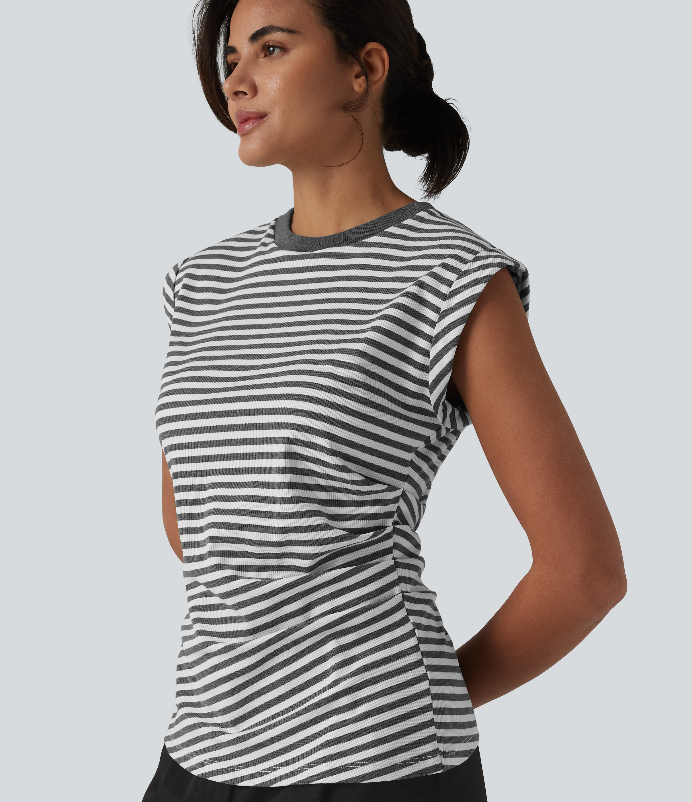 Ribbed Knit Crew Neck Cap Sleeve Stripes Casual T-Shirt