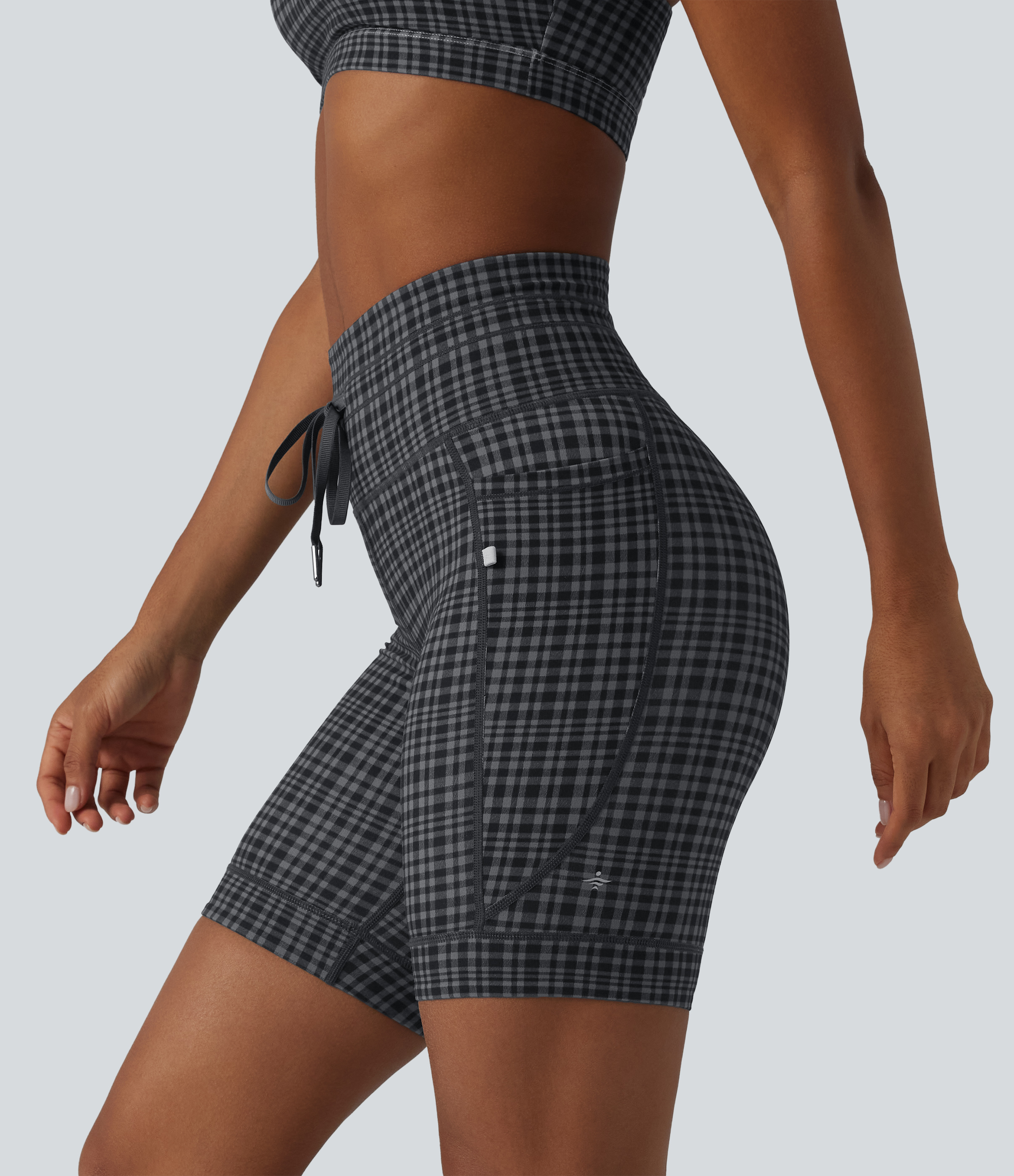 Halara UltraSculpt™ Check Plaid Print High Waisted Drawstring Yoga Biker Shorts 7'' with Pockets