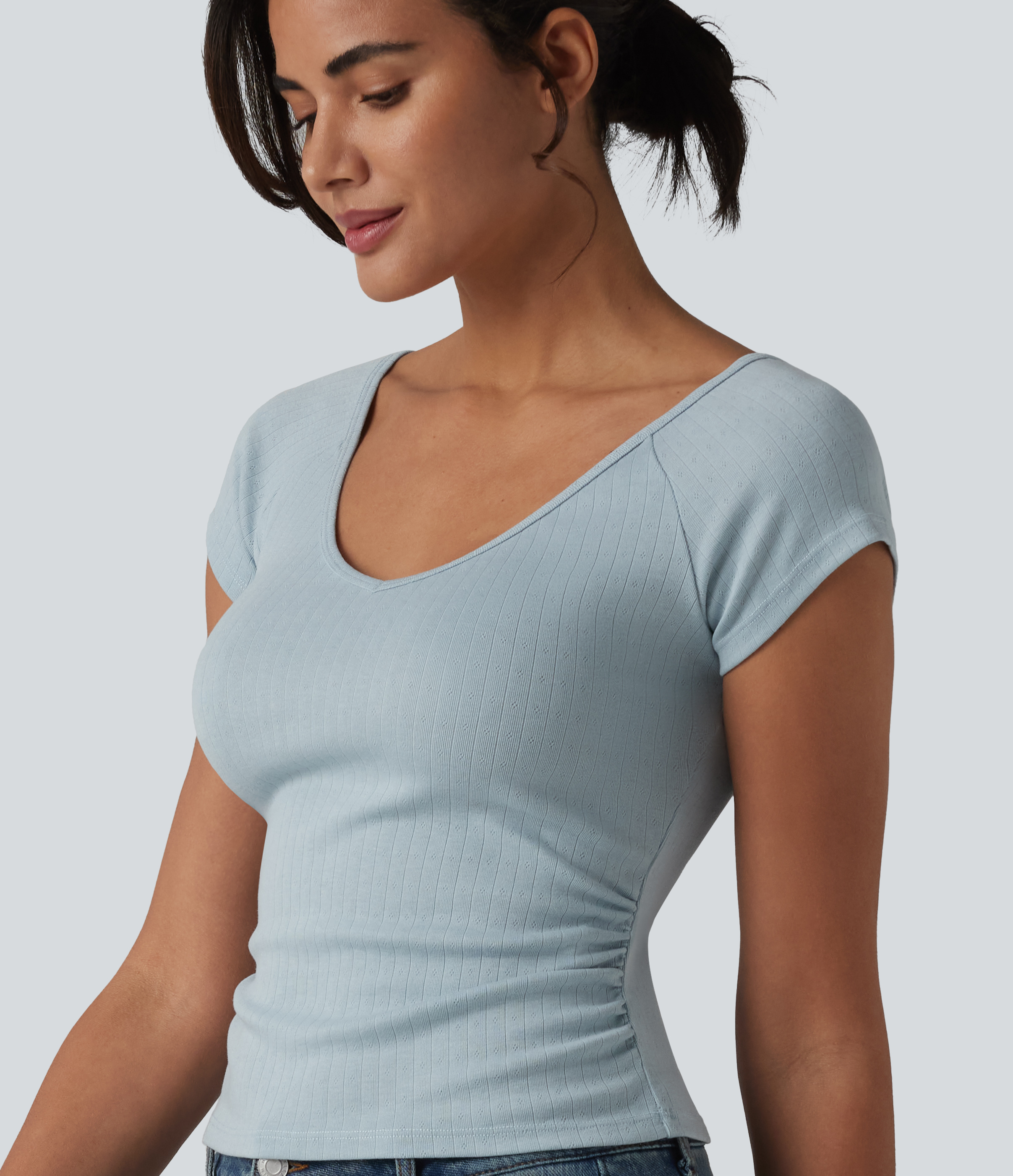 V-Ausschnitt Kurzarm gerafftes lässiges T-Shirt