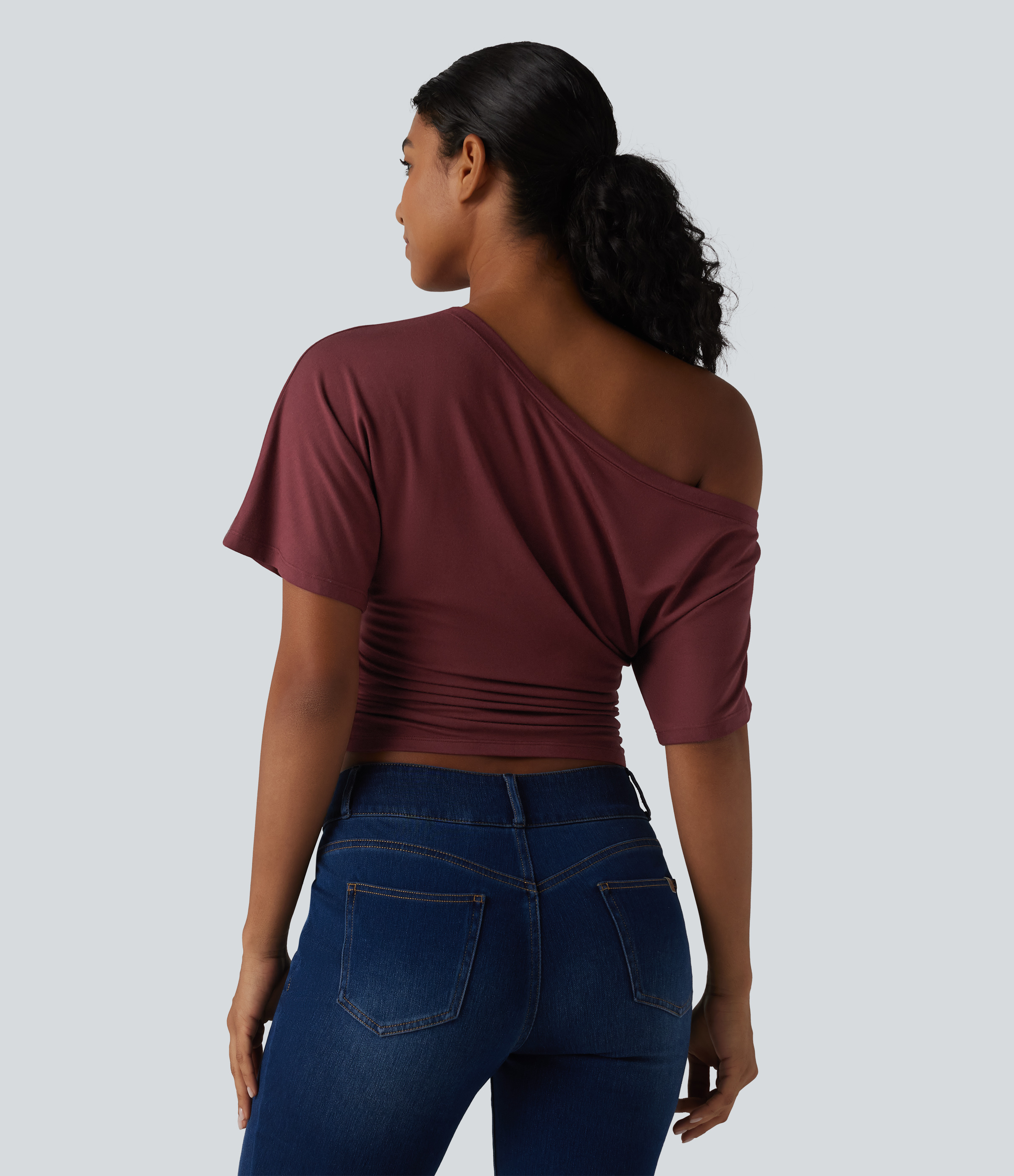 New Maroon One-shoulder Short Sleeve Ruched Built-in Bra Casual T-Shirt / 2