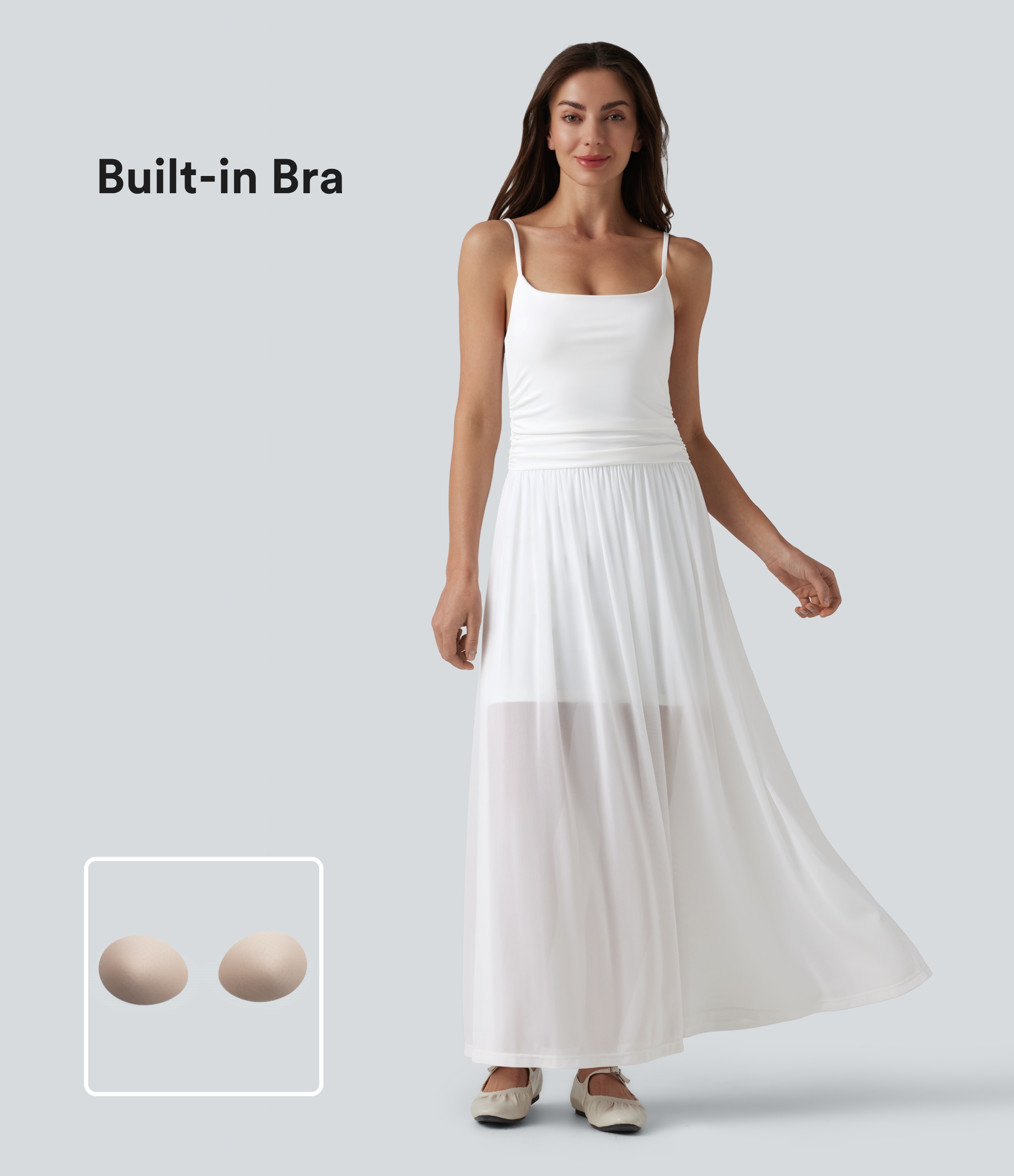 Adjustable Straps Ruched Contrast Mesh Built-in Bra Maxi Casual Flowy Slip Dress