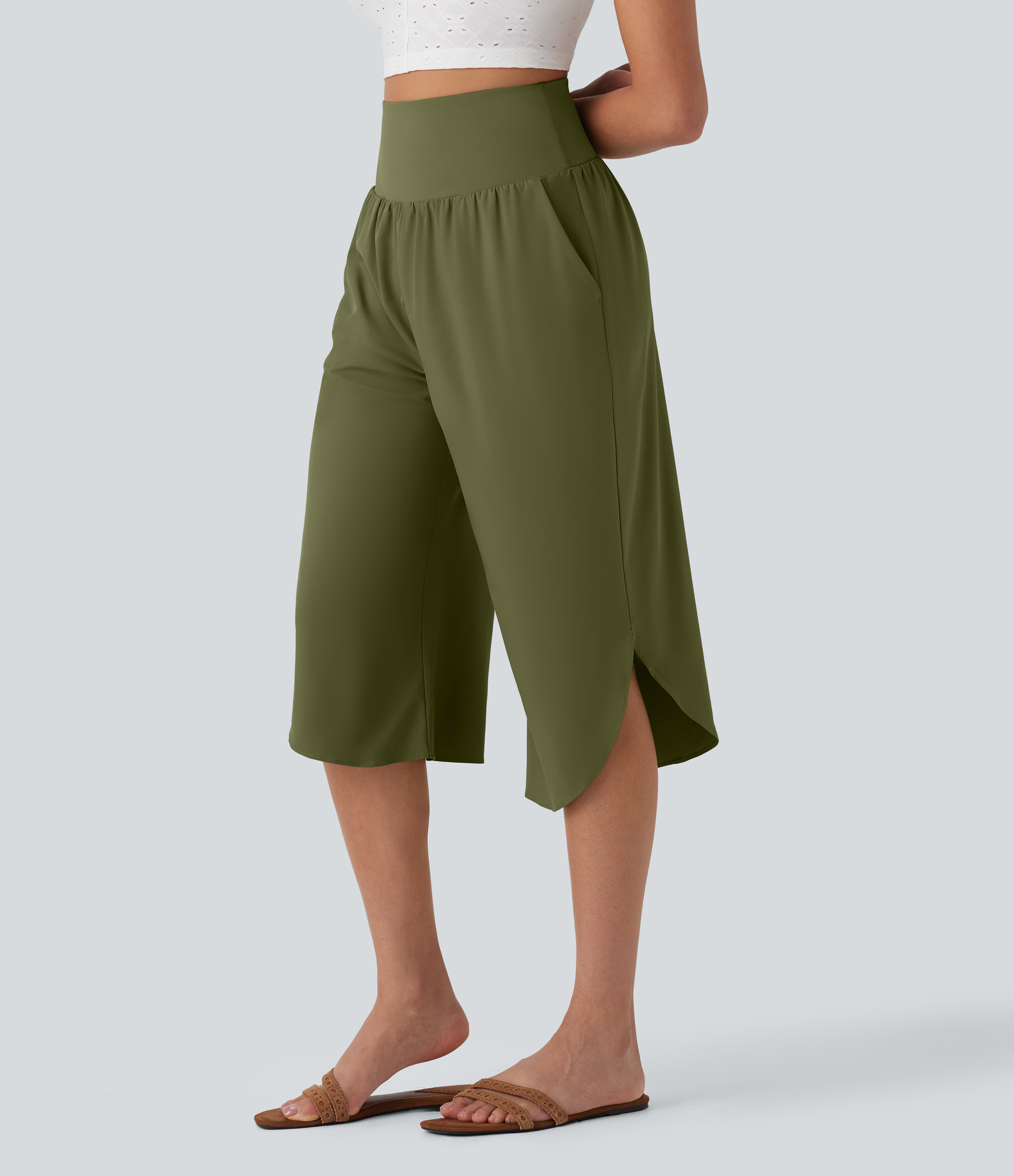 Breezeful™ High Waisted Tummy Control Hem Quick Dry Capri Pants with Pockets