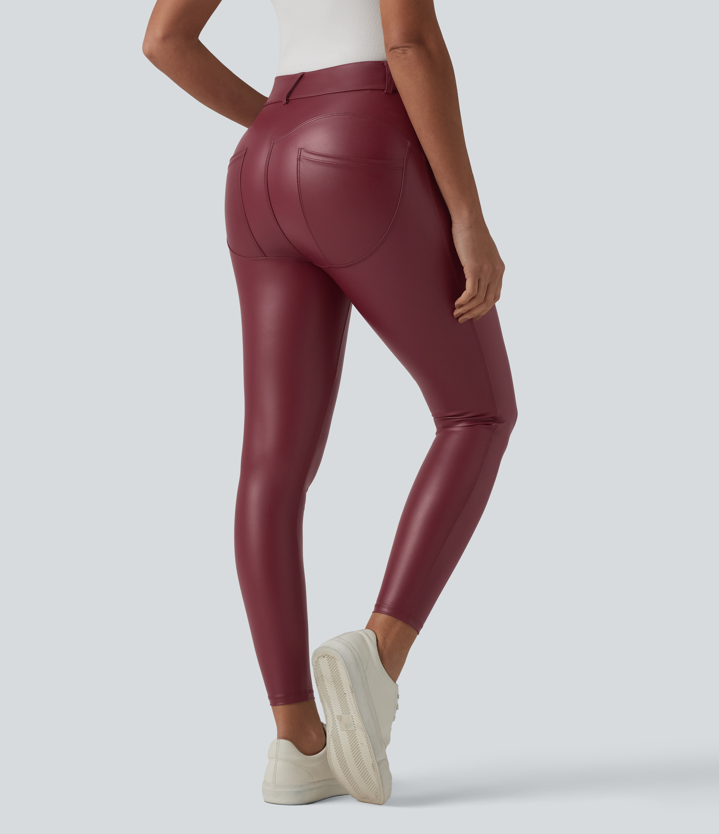 High Waisted Stretchy PU Casual 7/8 Leggings with Pockets