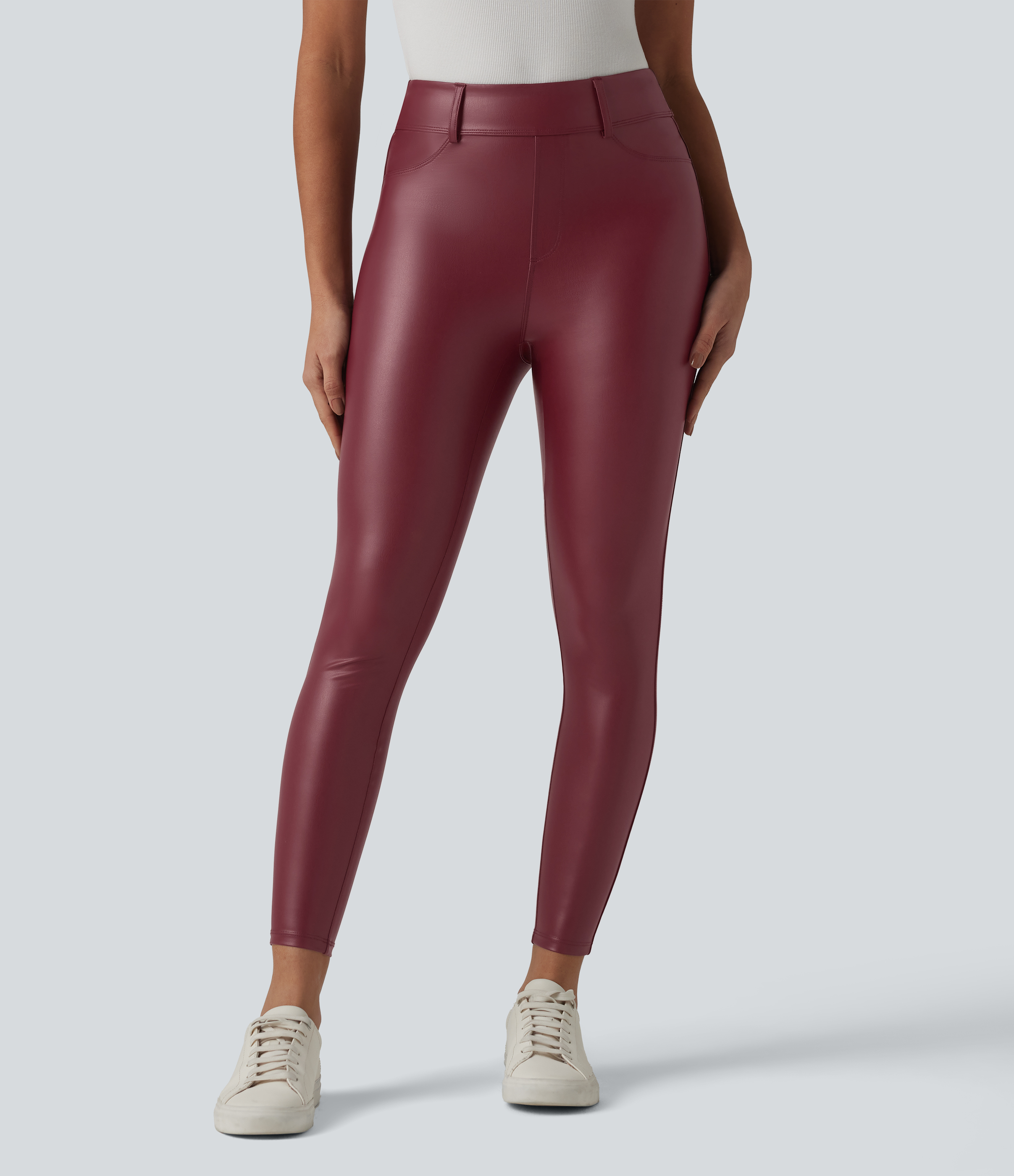 Berrywood Red High Waisted Stretchy PU Casual 7/8 Leggings with Pockets / 2