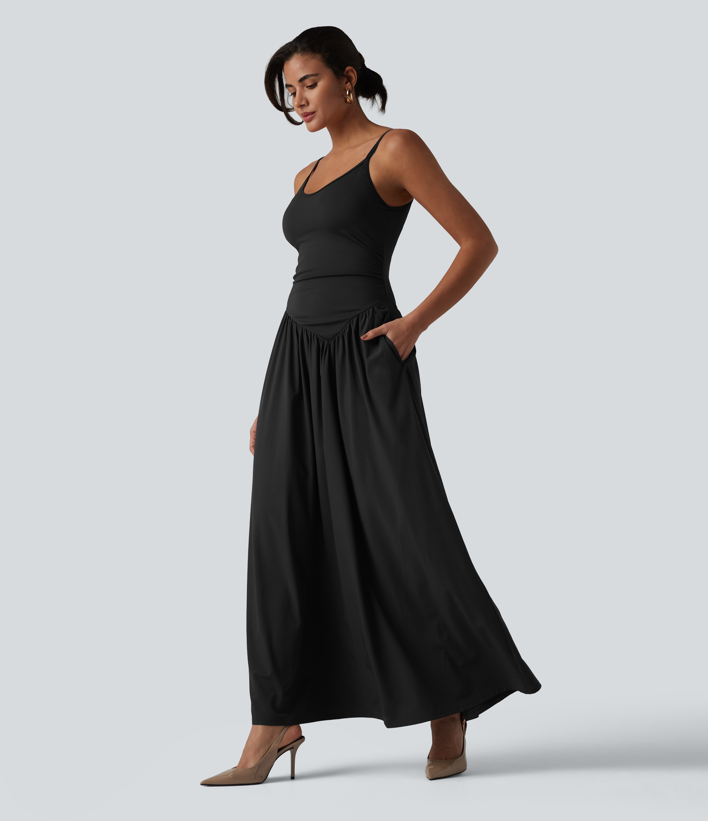 Breezeful™ Backless Adjustable Straps Ruched Built-in Bra Flowy Maxi Quick Dry Bridesmaid and Wedding Guest Slip Dress with Pockets