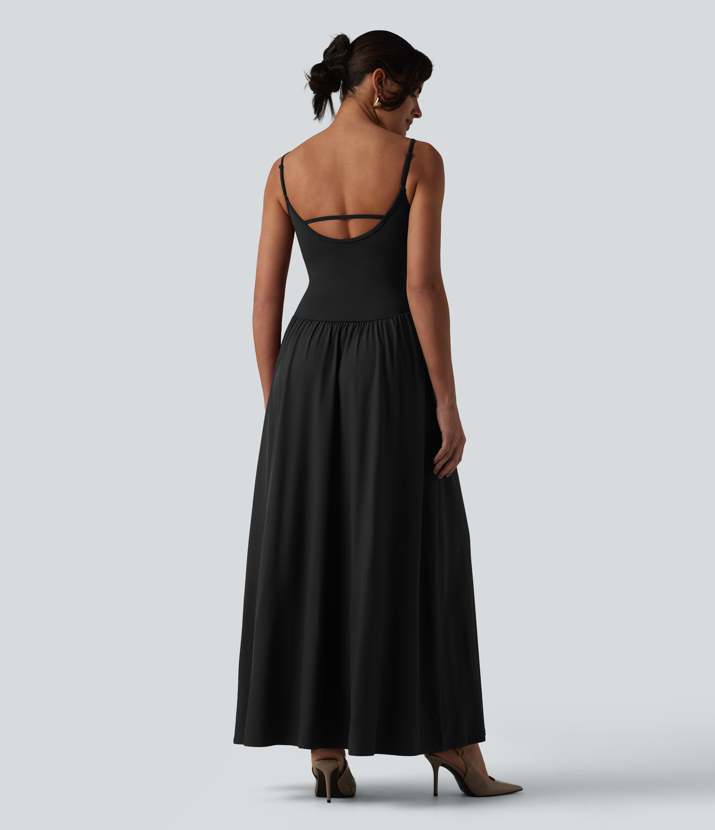 Black Breezeful™ Backless Adjustable Straps Ruched Built-in Bra Flowy Maxi Quick Dry Bridesmaid and Wedding Guest Slip Dress with Pockets / 2