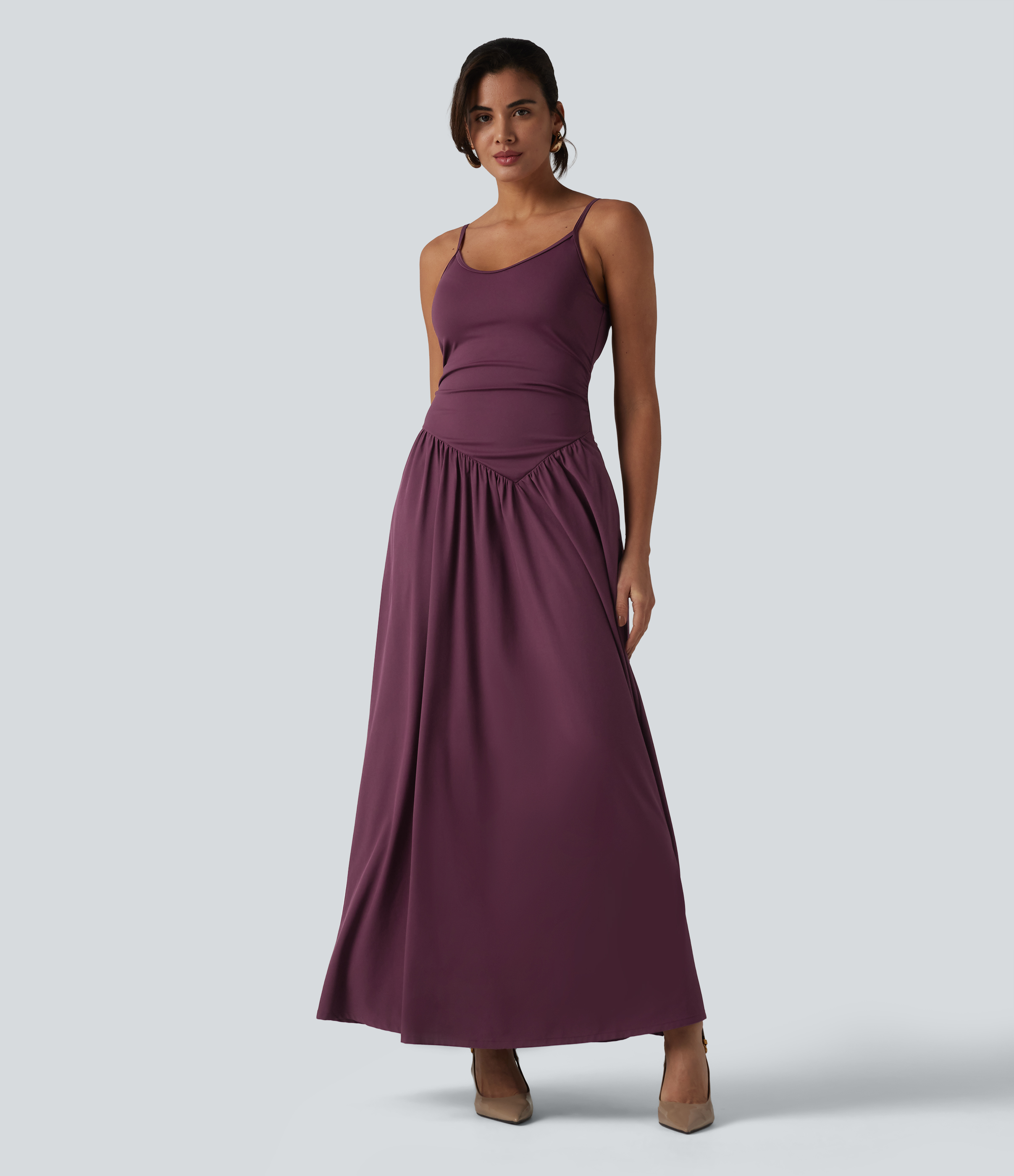 Breezeful™ Backless Adjustable Straps Ruched Built-in Bra Flowy Maxi Quick Dry Bridesmaid and Wedding Guest Slip Dress with Pockets