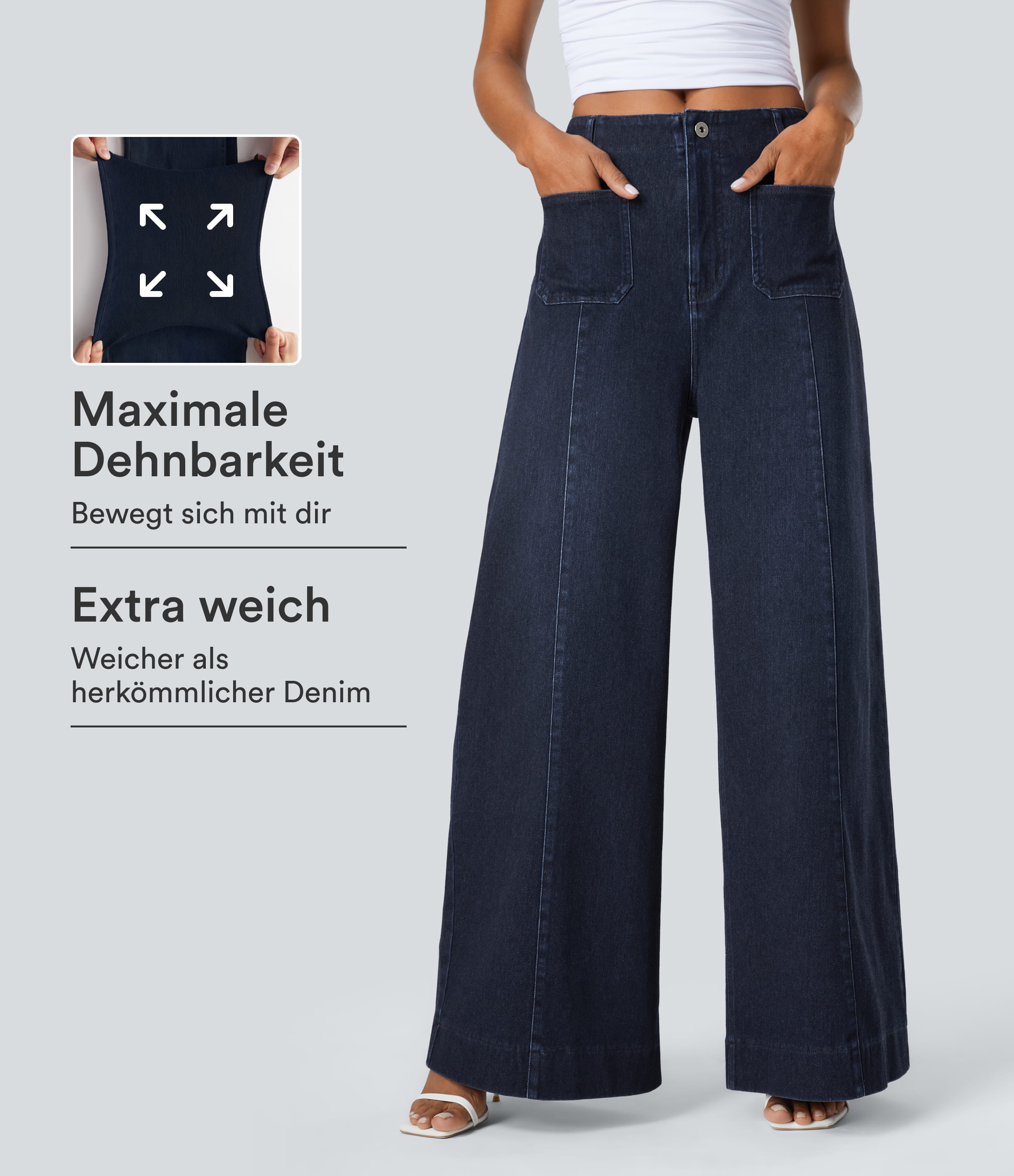 HalaraMagic™ Casual washed jeans made from stretchy knit denim with a high waist, side pockets and wide leg