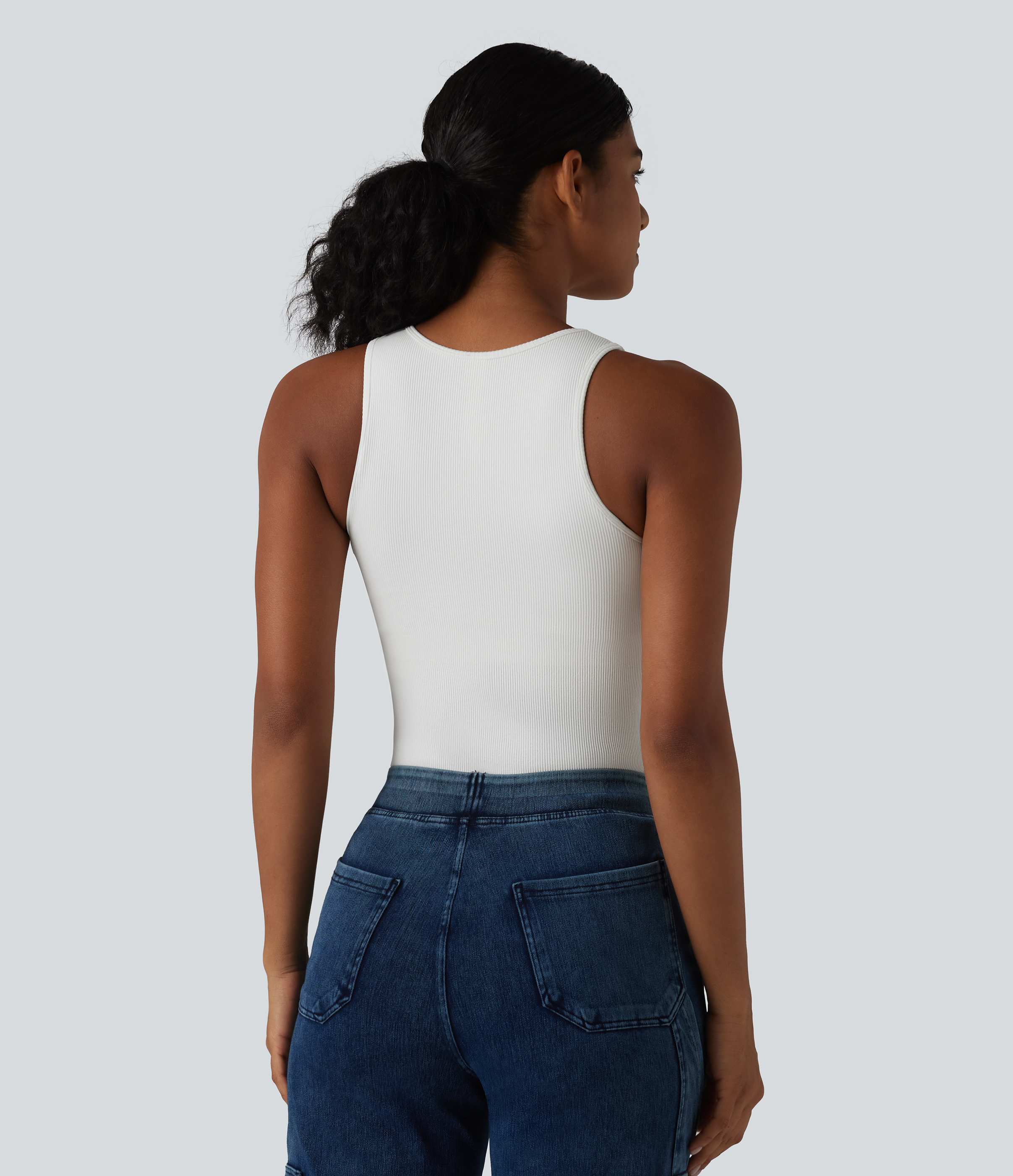 White Ribbed Knit Round Neck Built-in Bra Casual Tank Top / 2