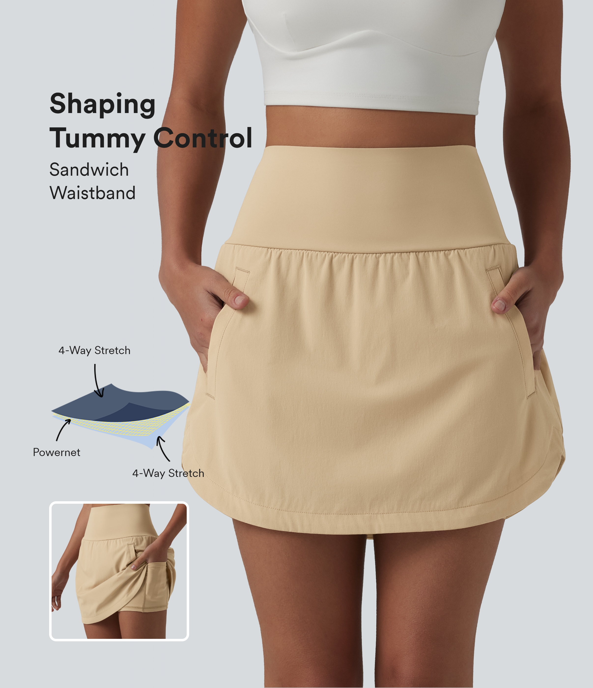 Falda de golf 2 en 1 de cintura súper alta con control abdominal, dobladillo curvo y bolsillos