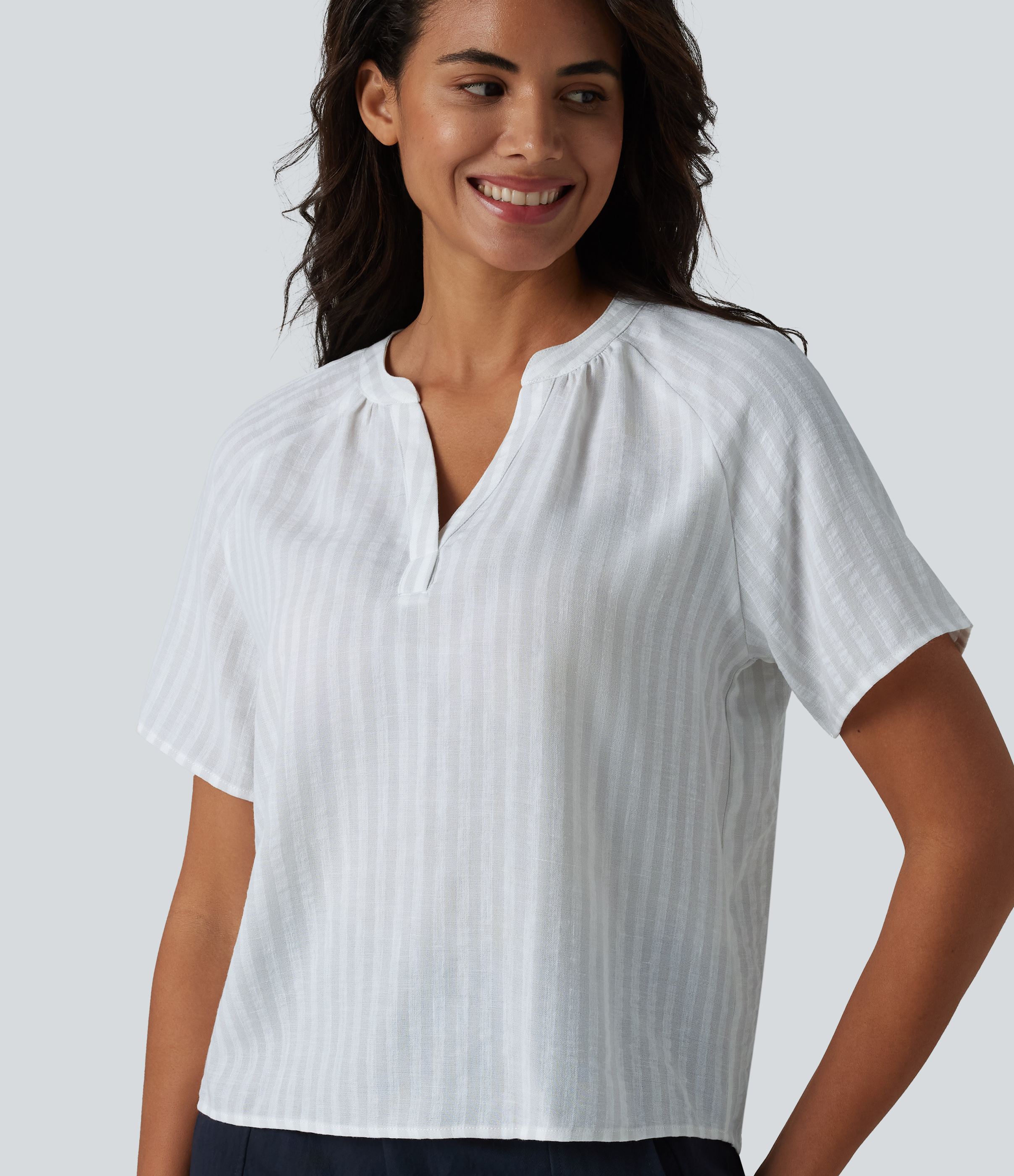 V Neck Short Sleeve Stripe Casual Linen-Feel Blouse