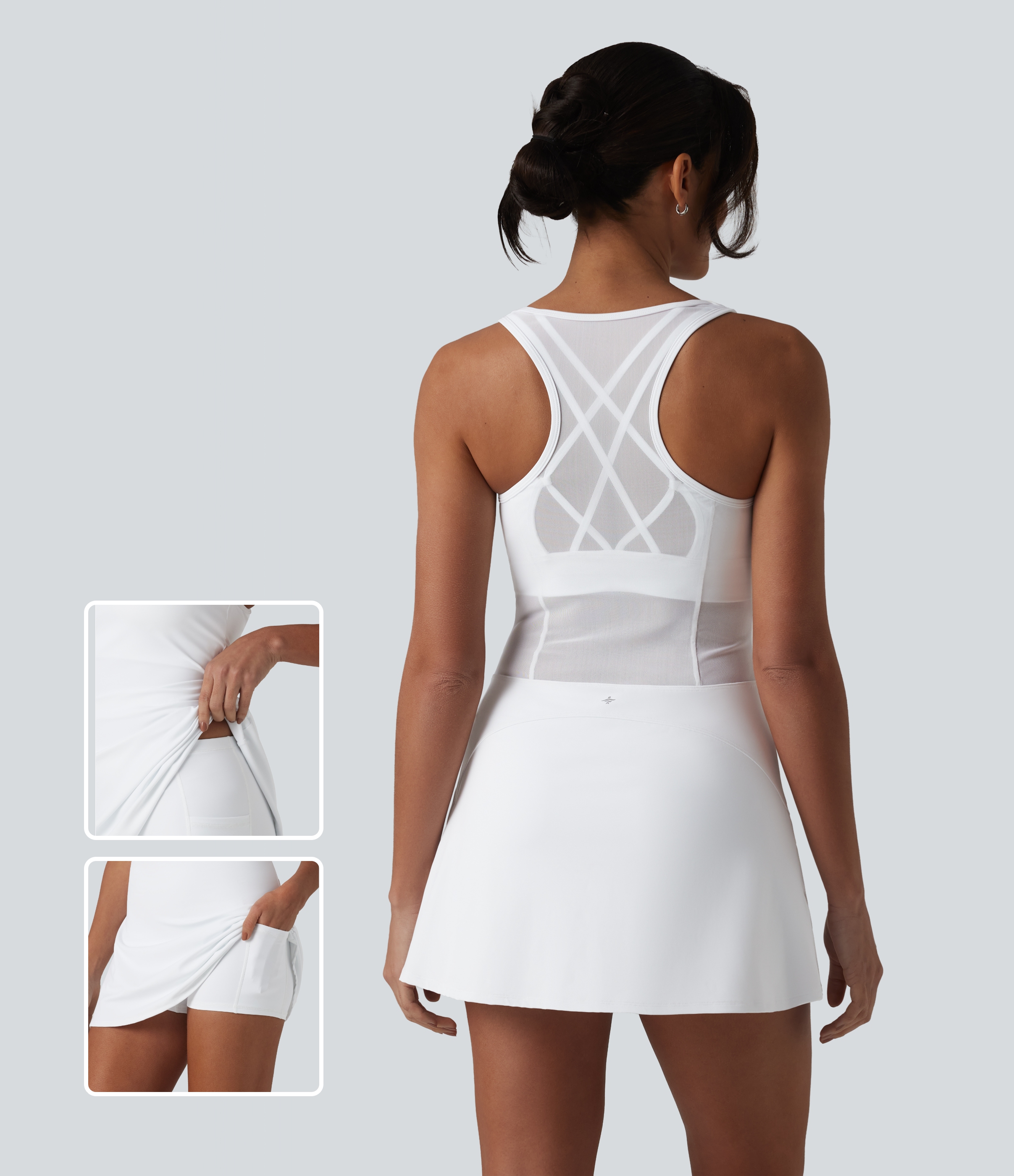 SoftlyZero™ Airy Crisscross Racerback Breathable Mesh 2-piece Built-in Bra Cool Touch Dance Active Dress with Pockets-UPF50+