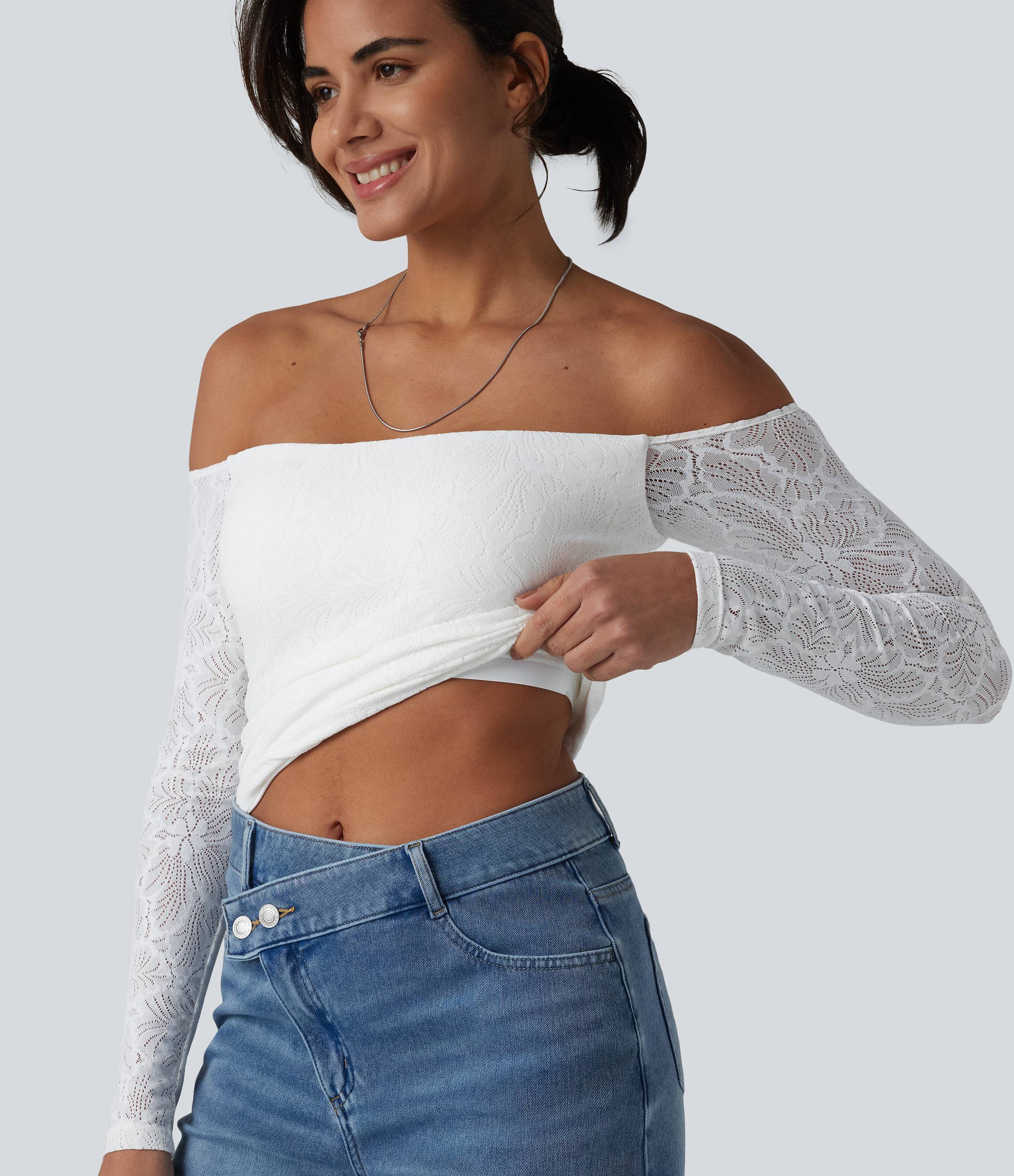 Off Shoulder Built-in Bra Long Sleeve Lace Casual Top