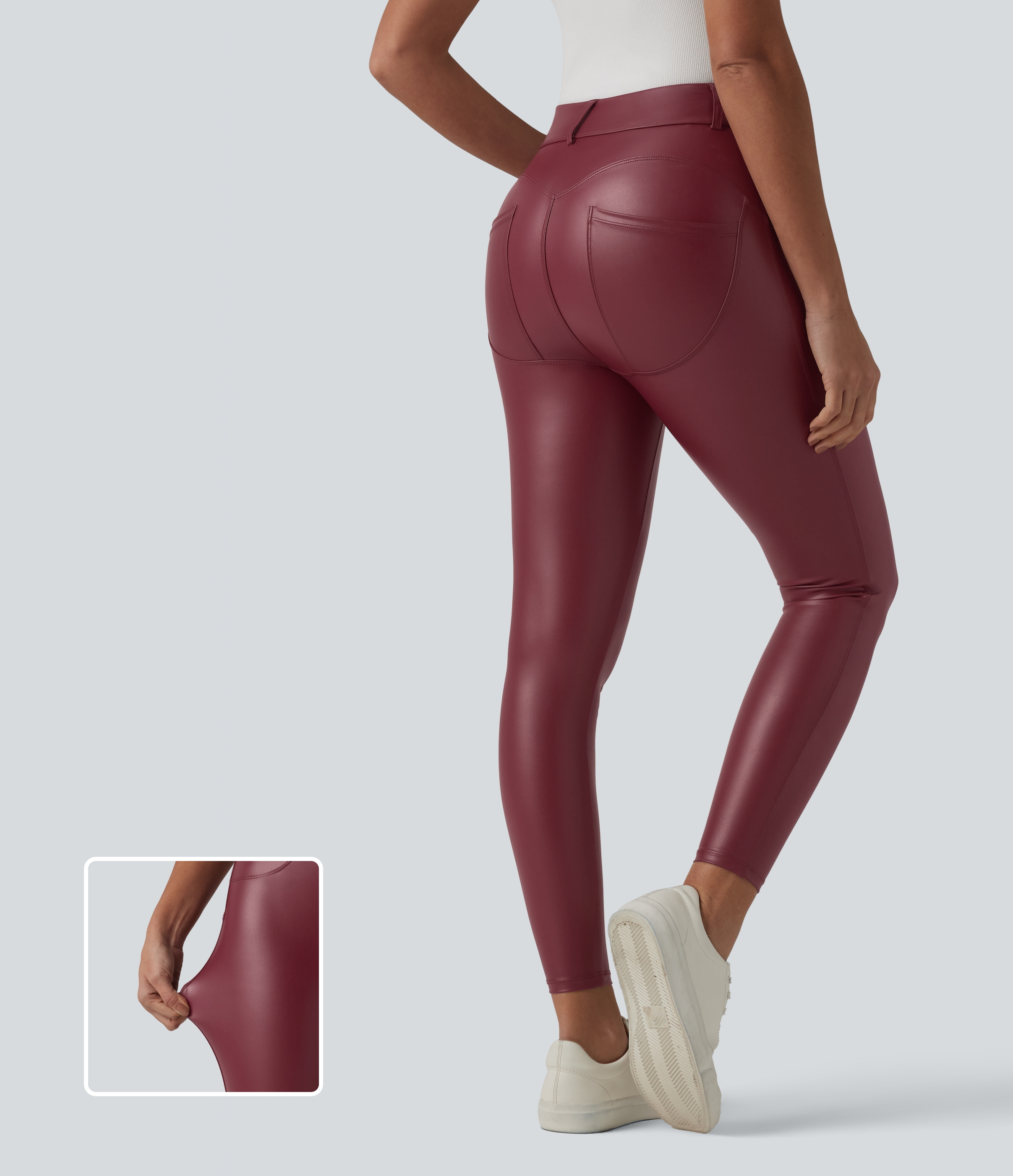 Legging 7/8 casual taille haute extensible en simili cuir avec poches