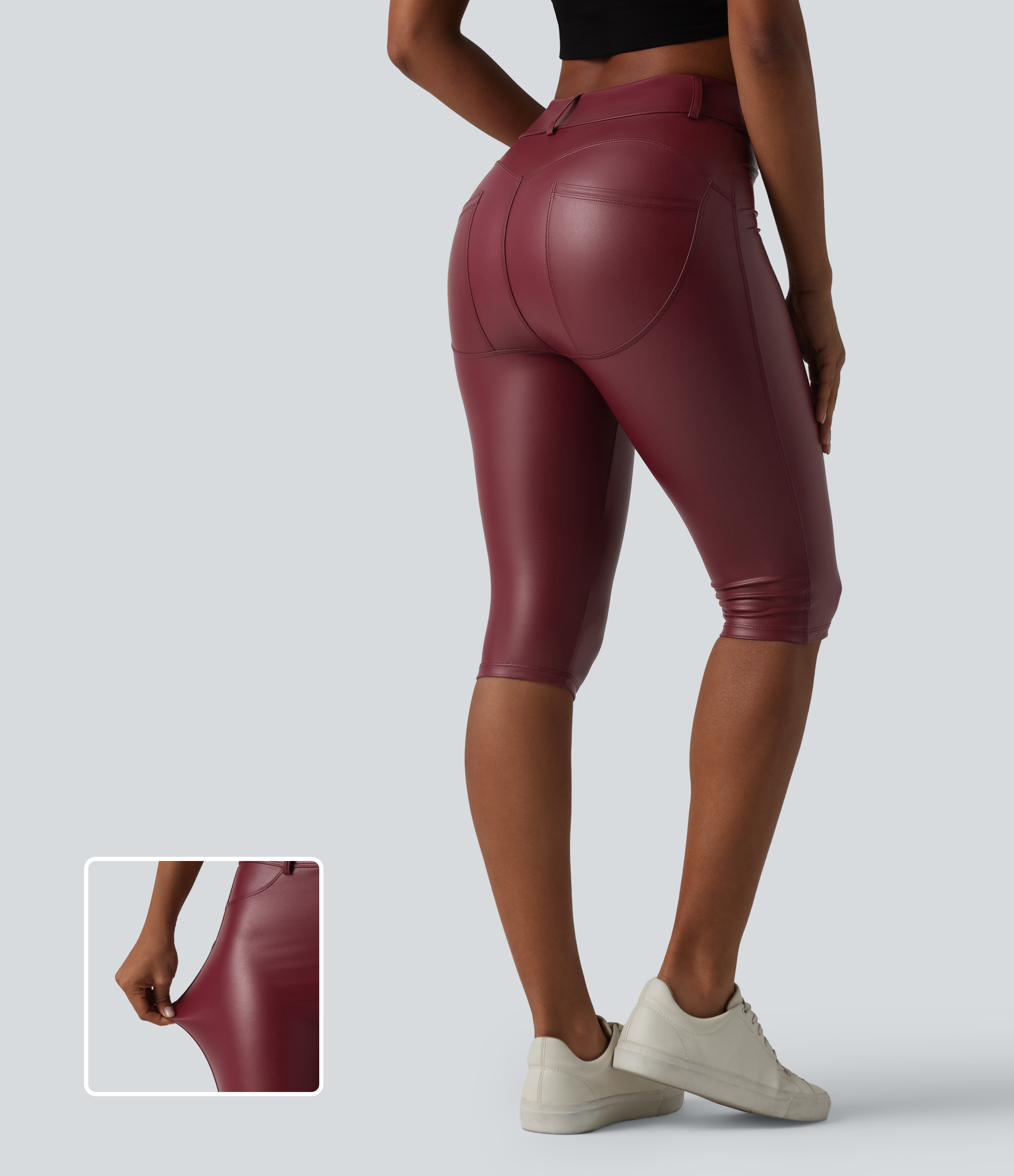 Legging corsaire casual taille haute extensible en simili cuir avec poches