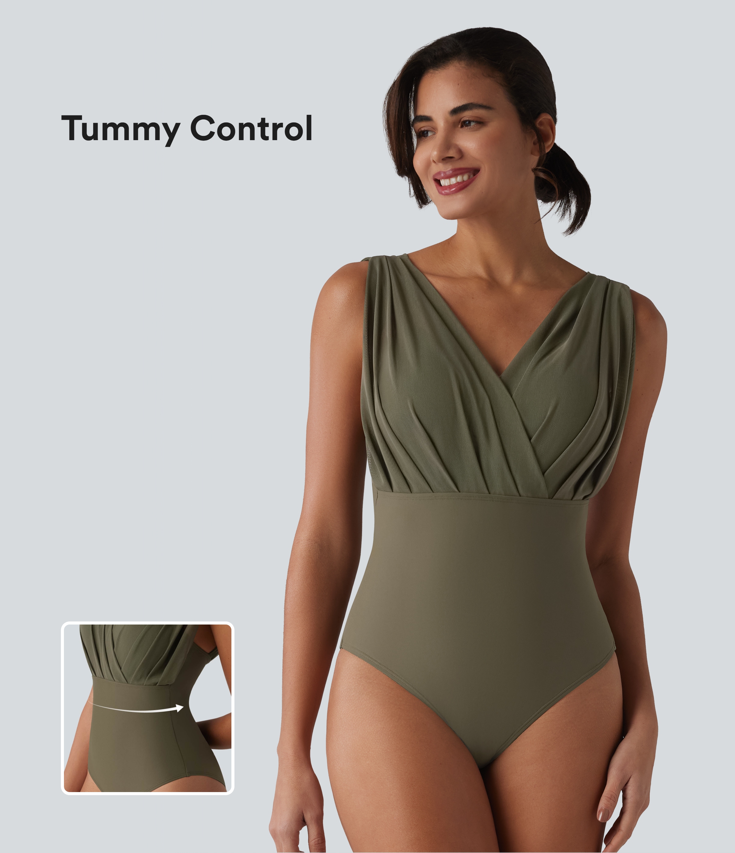 Ärmelloser Badeanzug mit V-Ausschnitt, Bauchkontrolle und integriertem BH