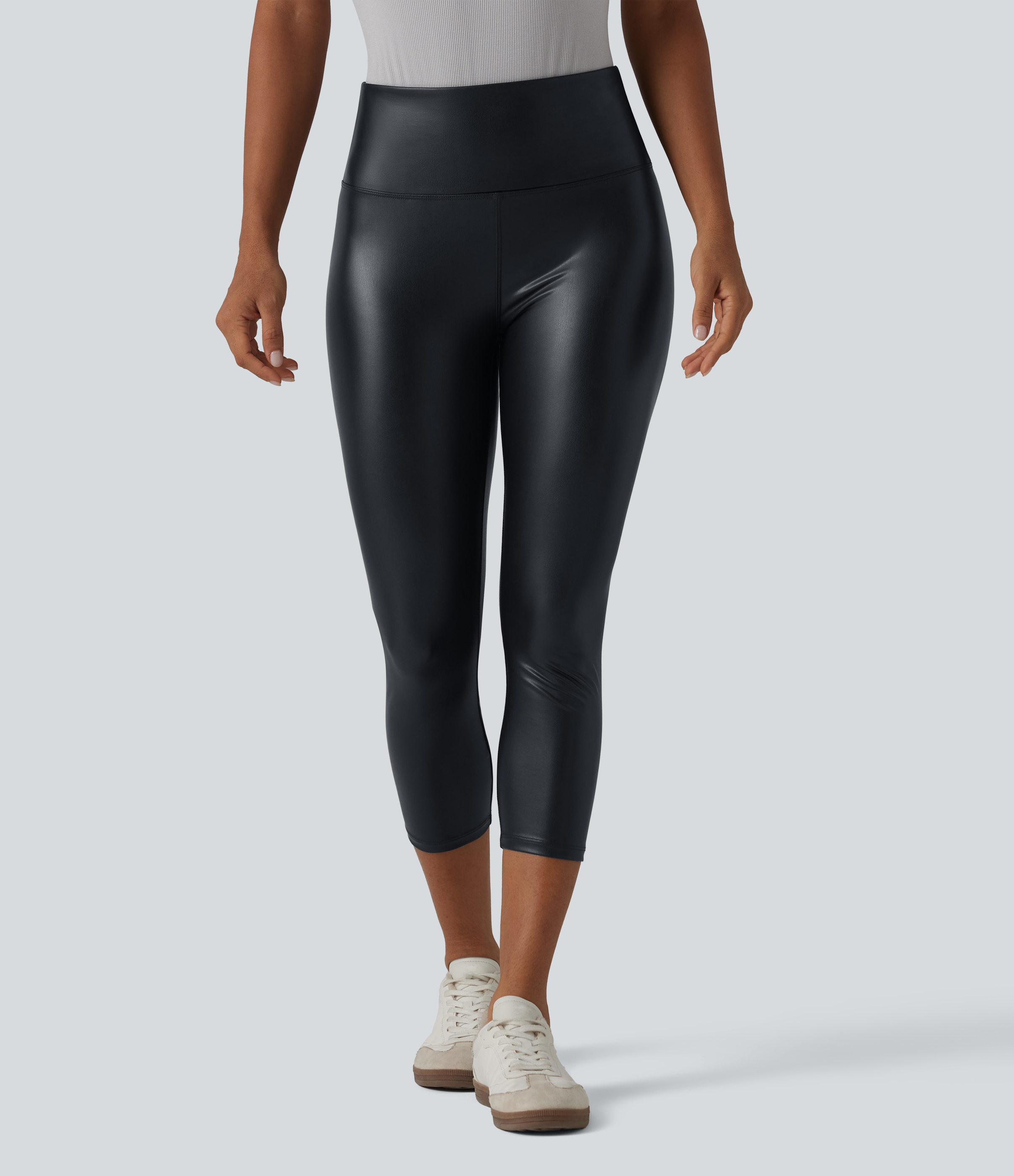 High Waisted Tummy Control Stretchy PU Casual Capri Leggings with Pockets