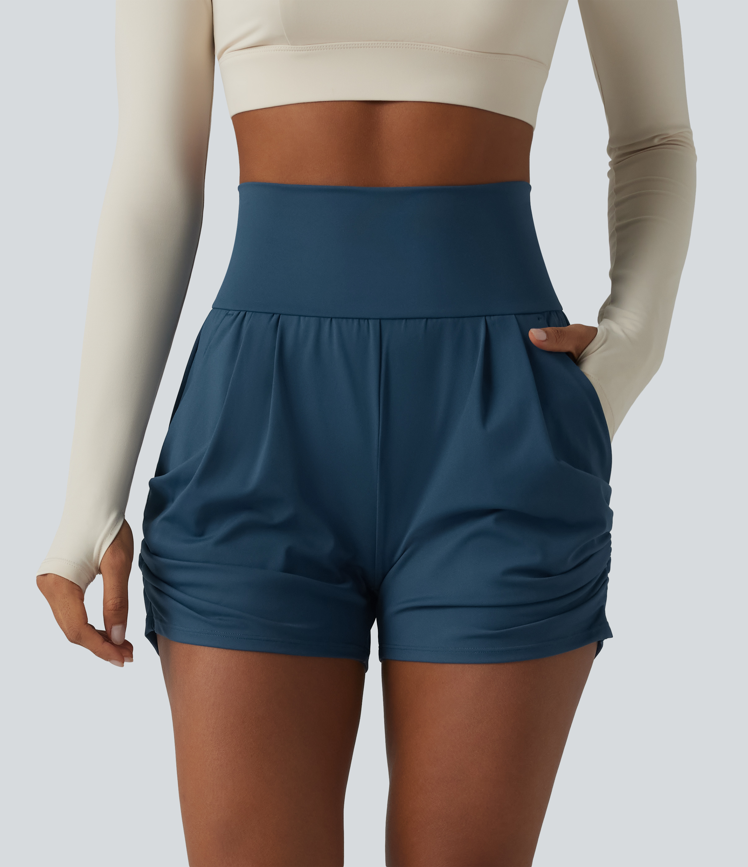 SoftlyZero™ Airy High Waisted Ruched Cool Touch Yoga Shorts 3'' with Pockets
