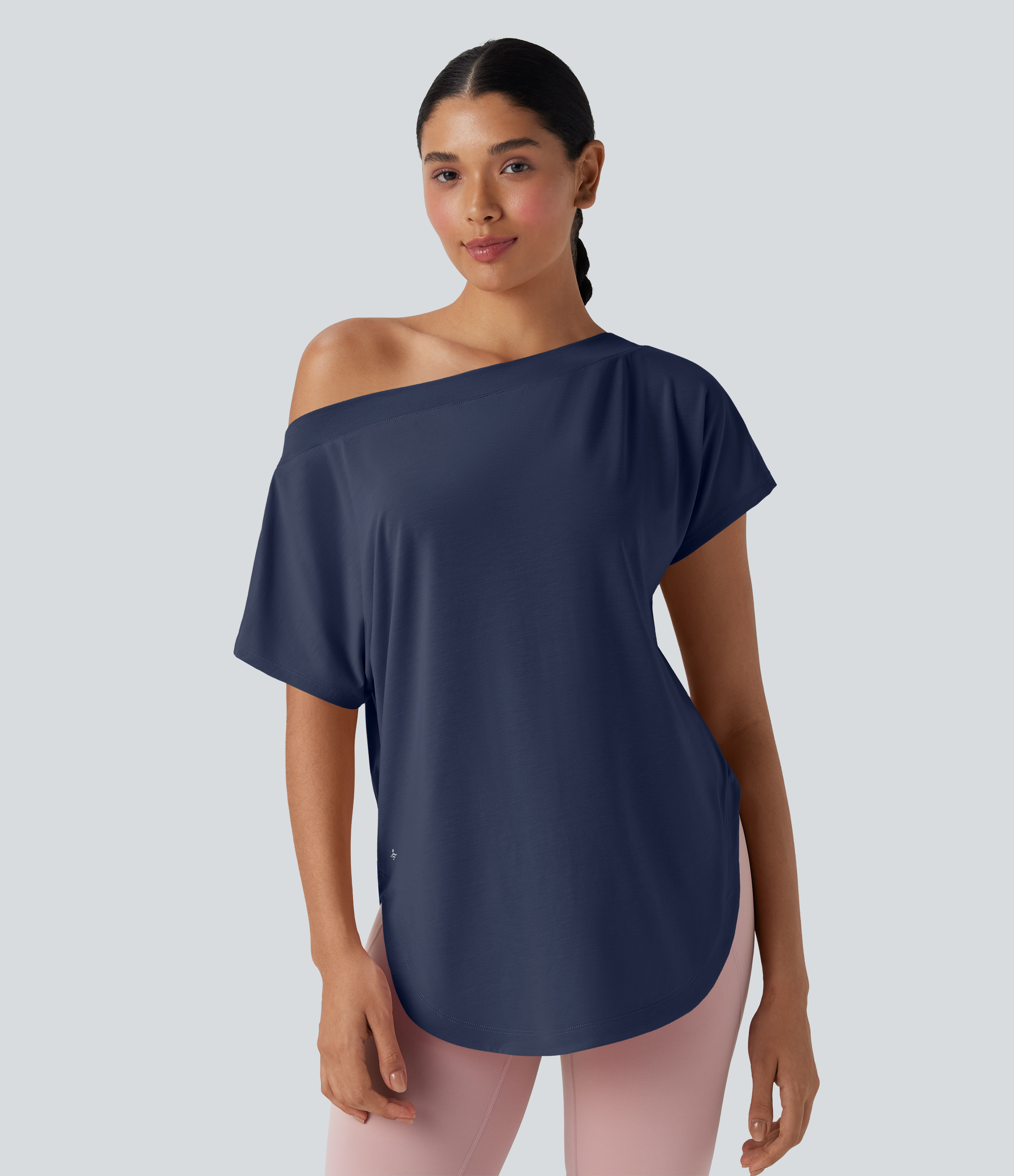 One Shoulder Short Sleeve Curved Hem High Low Quick Dry Yoga Sports Top
