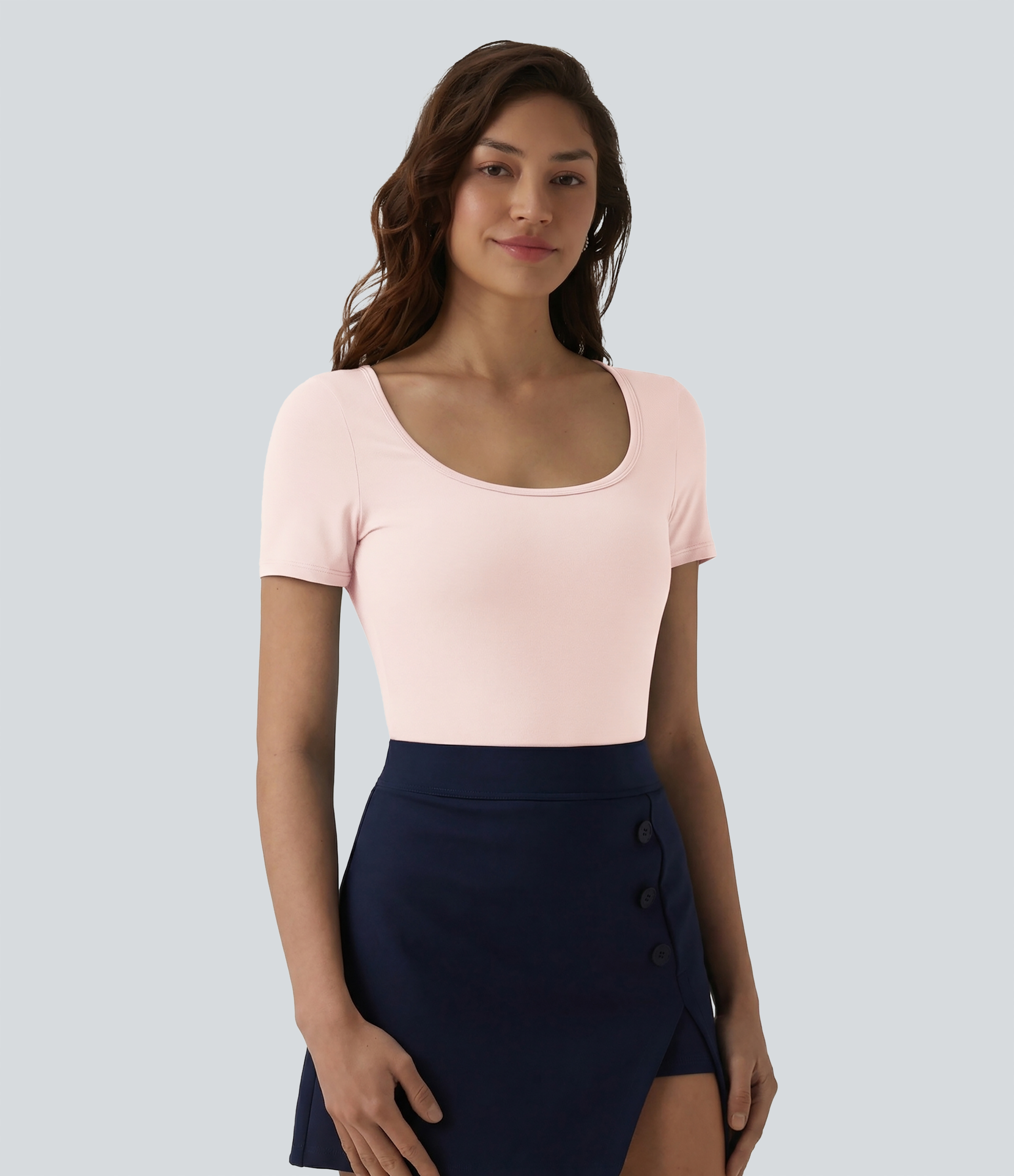 U Neck Short Sleeve Snap Skinny Work Bodysuit