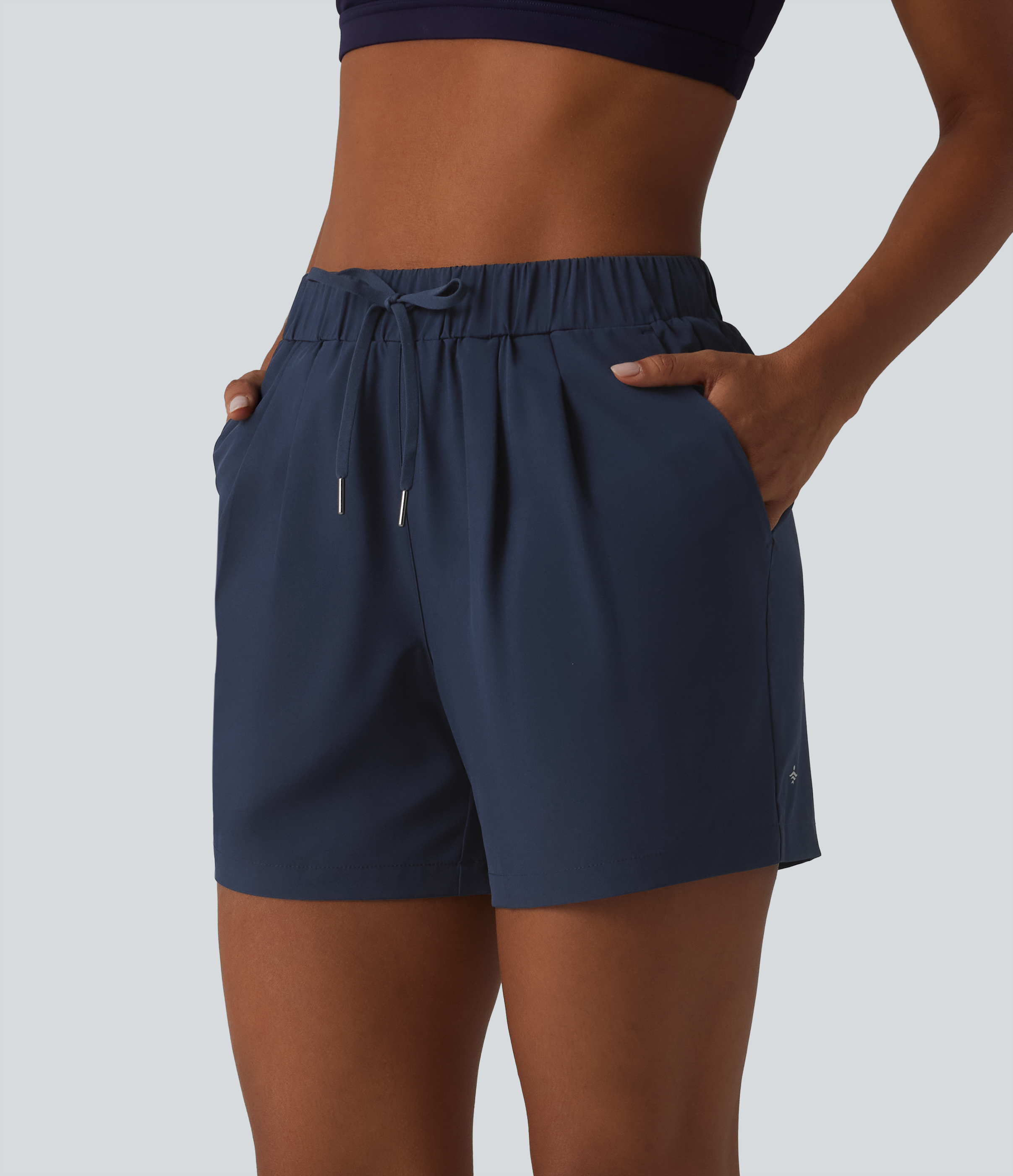 High Waisted Elastic Waistband Drawstring Pleated Yoga Shorts 5" with Pockets