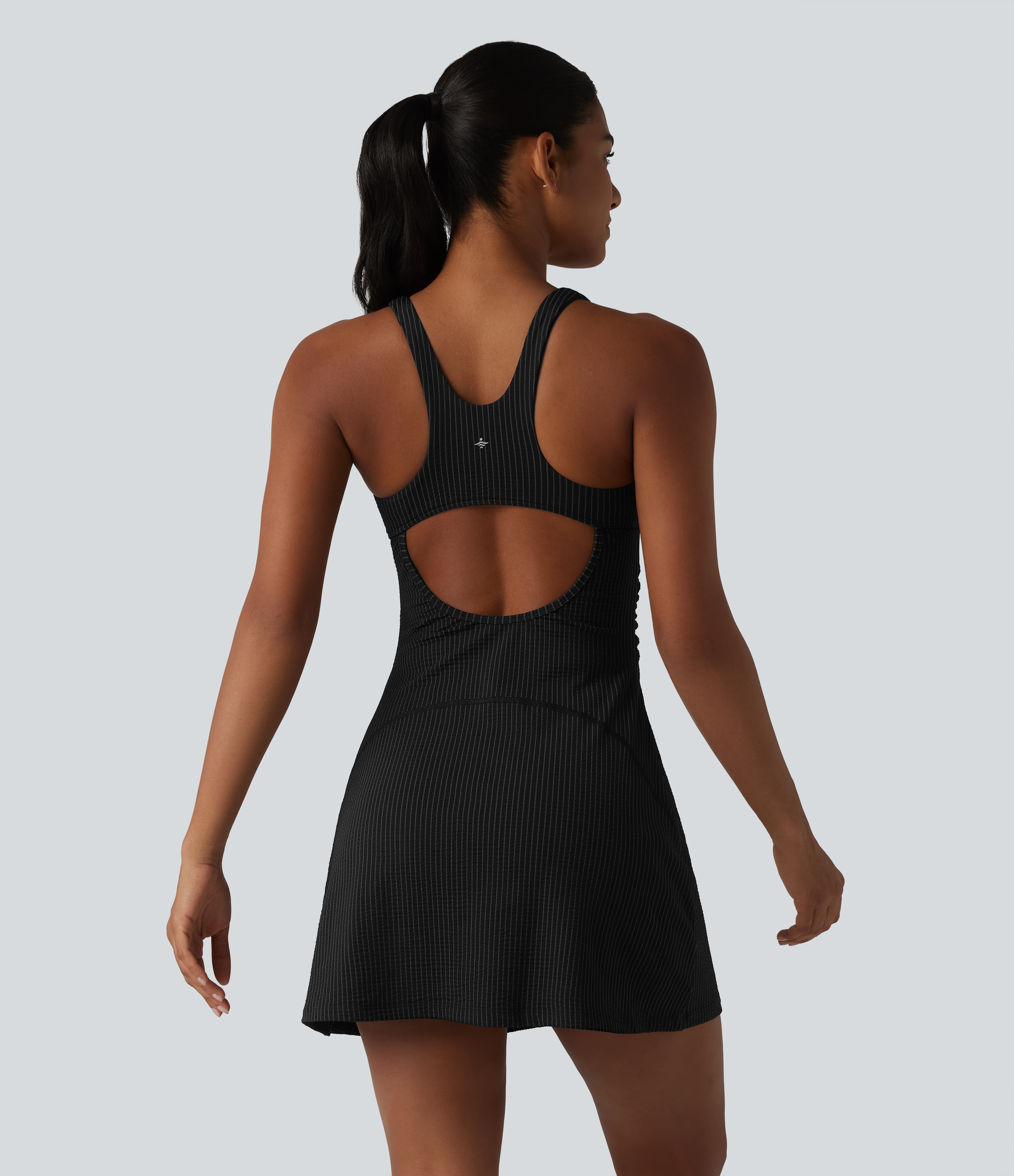 U Neck Built-in Bra 2-Piece Stripe Quick Dry Mini Tennis Active Dress with Pockets-UPF40+