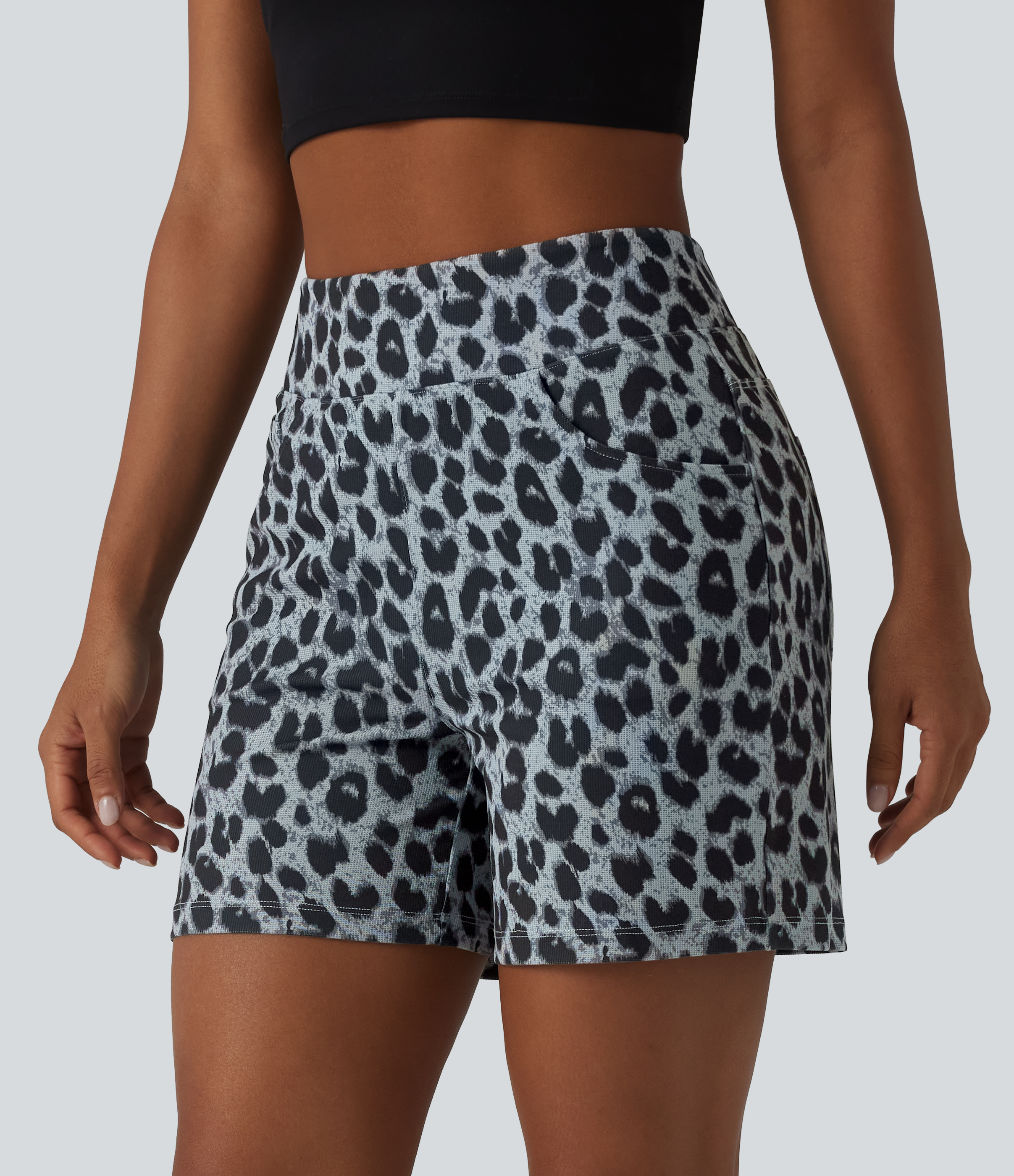 Casual baggy shorts met hoge taille, luipaardprint in waffle-stof, 5'' met zakken