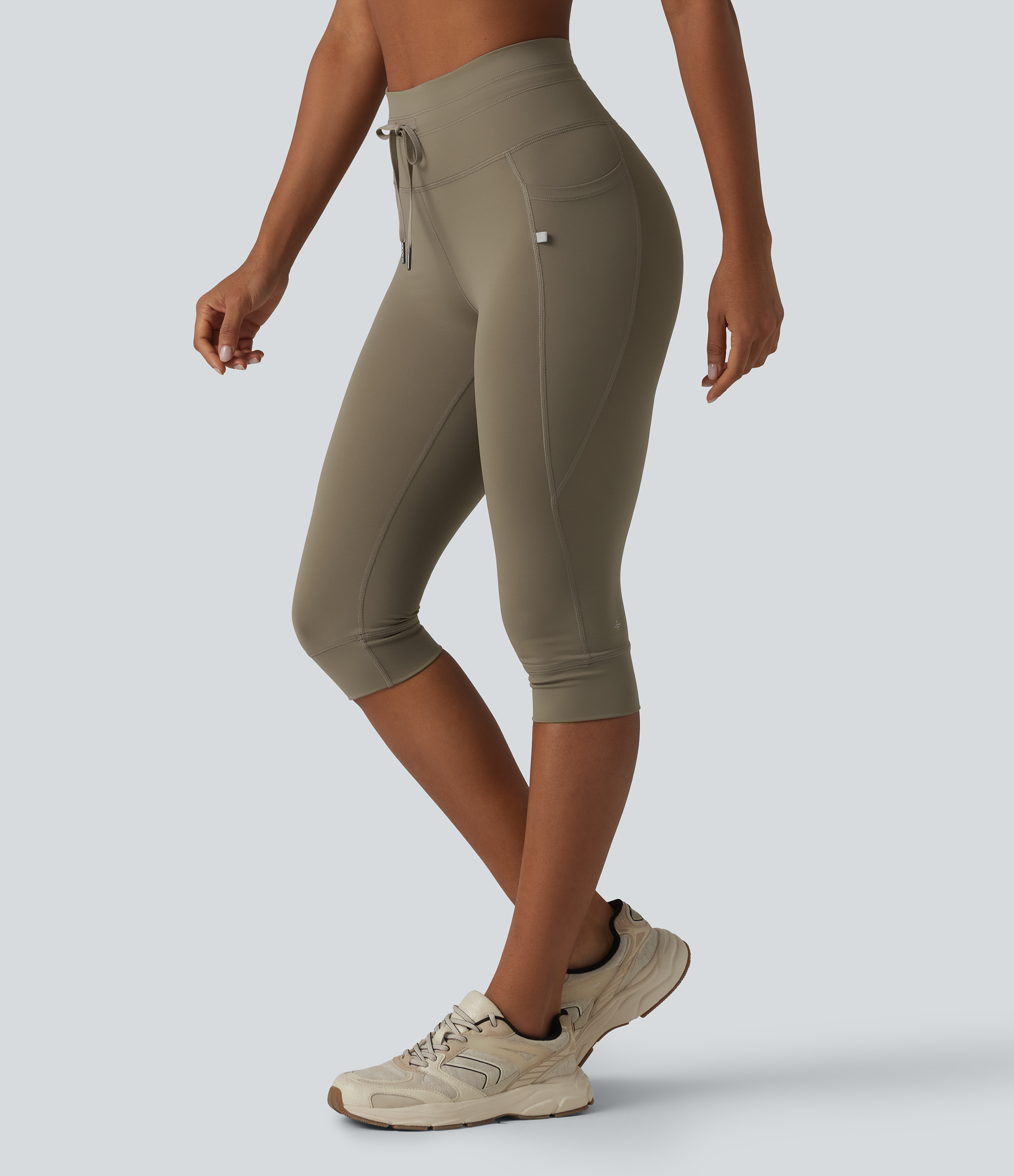 High Waisted Drawstring Plain Yoga Pedal Pushers Leggings with Pockets