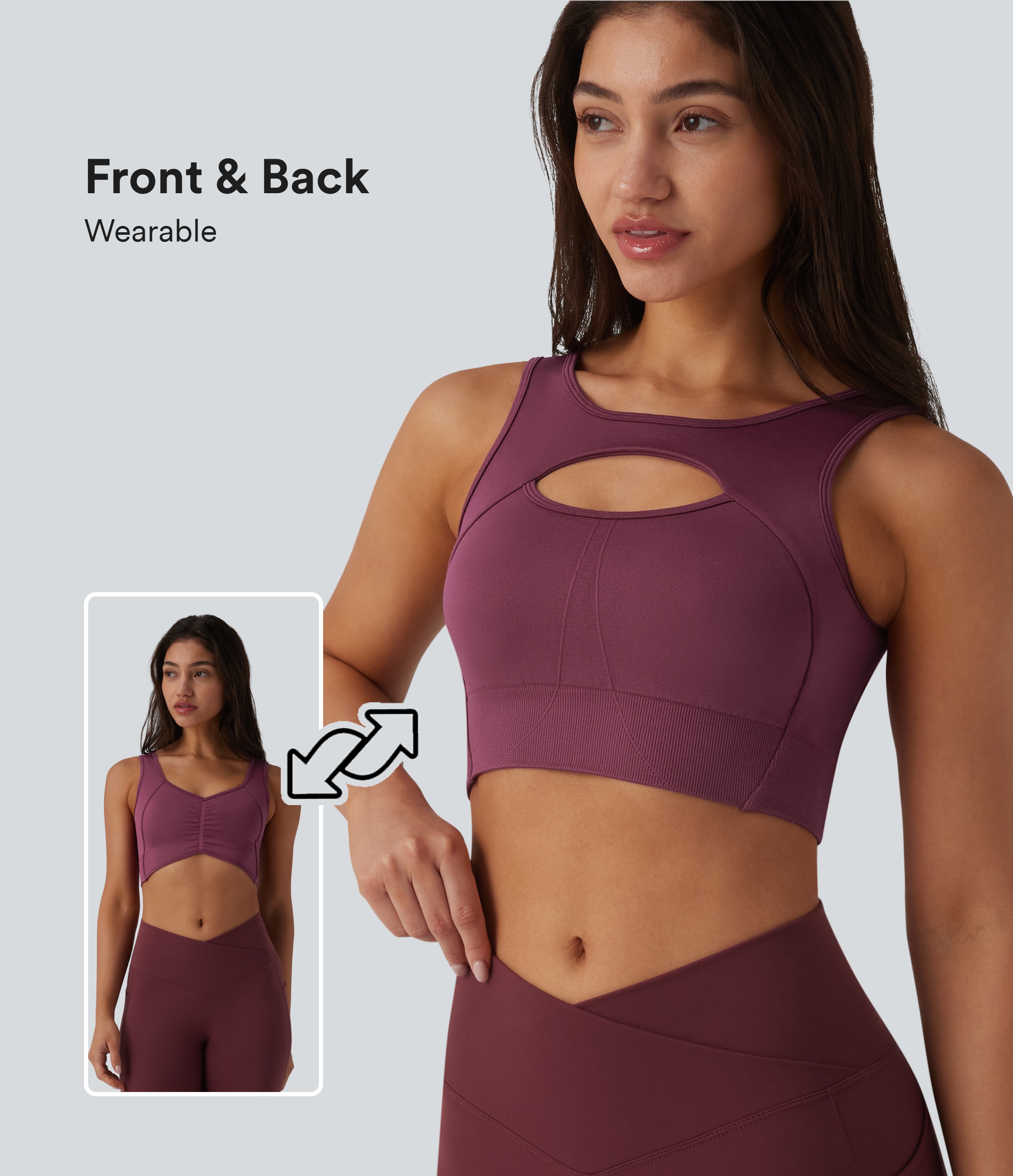 OneForm Seamless Flow – leichter Halt, Cut-out, integrierter BH, Yoga-Sport-BH – vorne und hinten tragbar