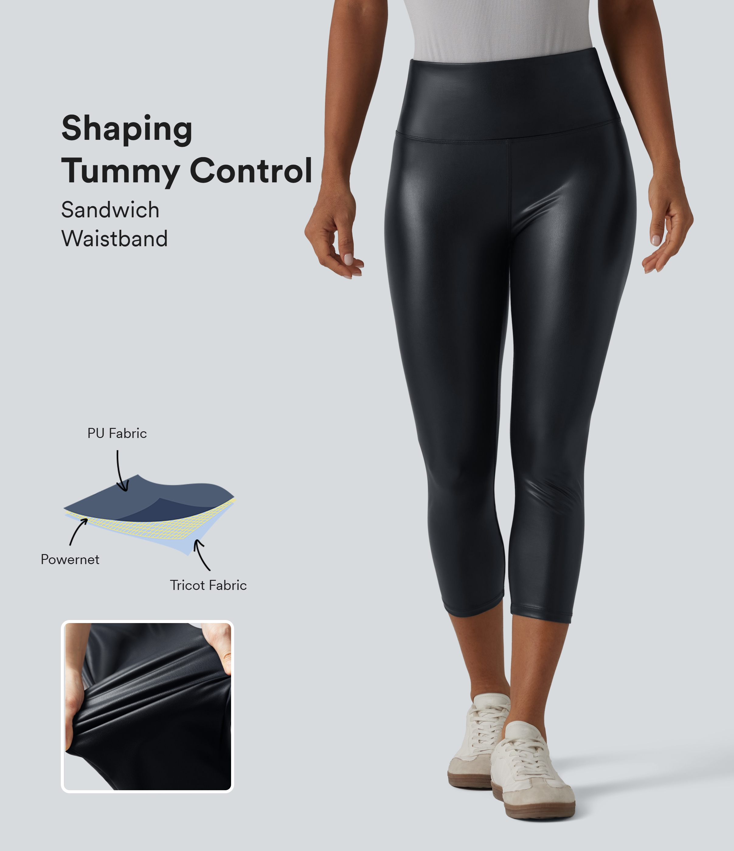 Legging corsaire taille haute ventre plat en similicuir extensible avec poches