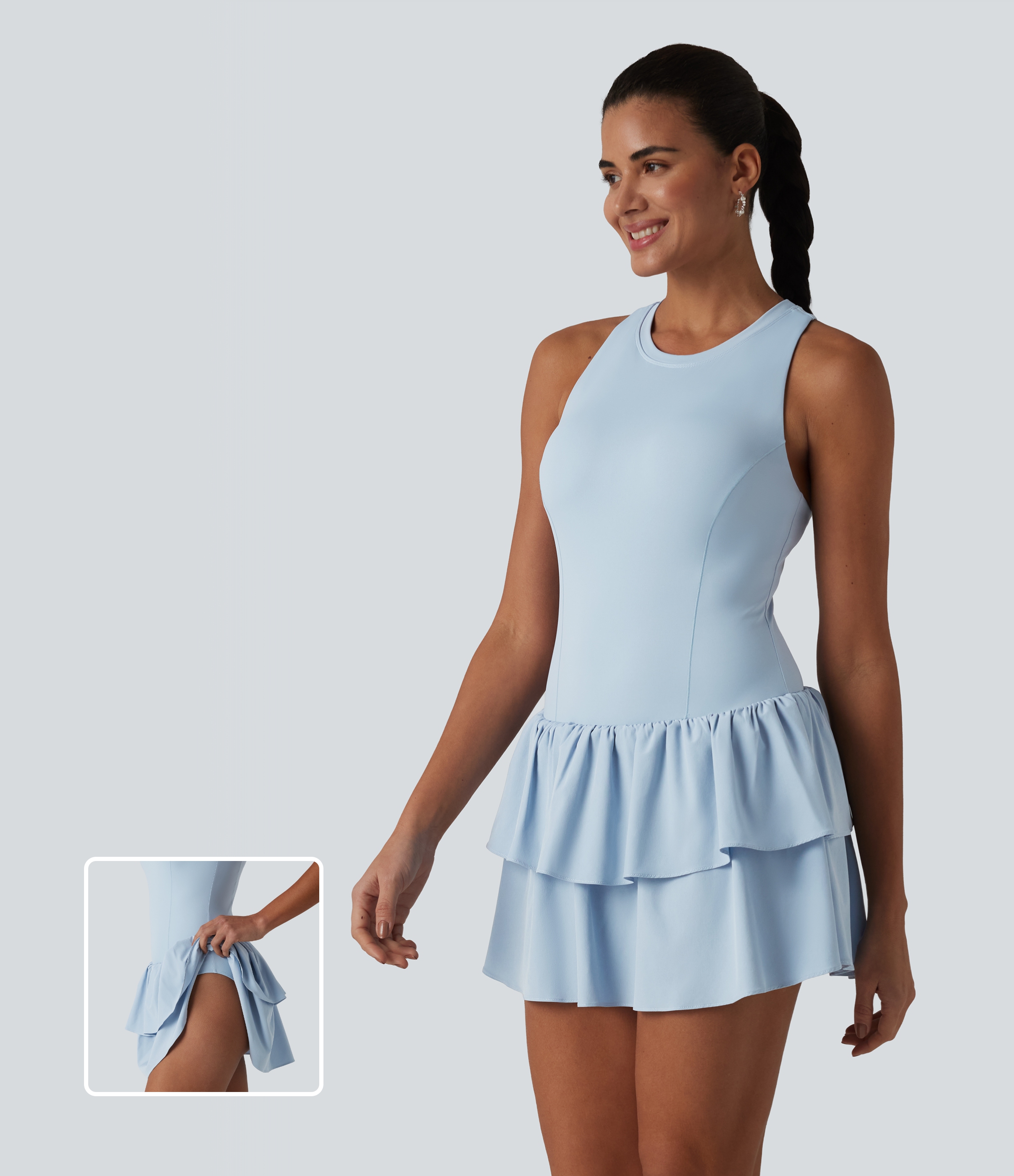 Breezeful™ Robe casual 2 en 1 sans manches dos nageur à séchage rapide, ourlet à volants étagés avec soutien-gorge intégré