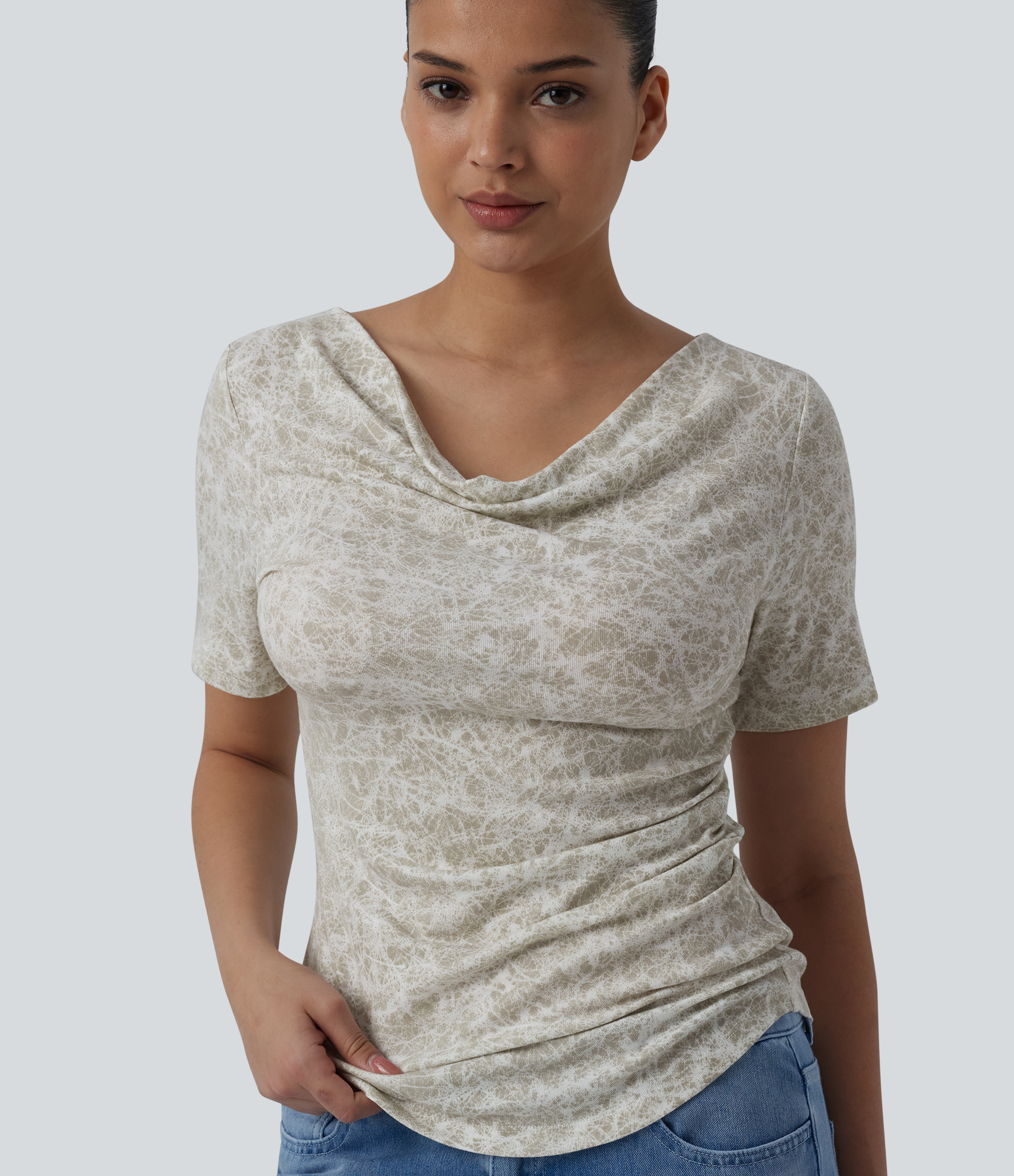Cowl Neck Short Sleeve Ruched Tie Dye Casual T-Shirt