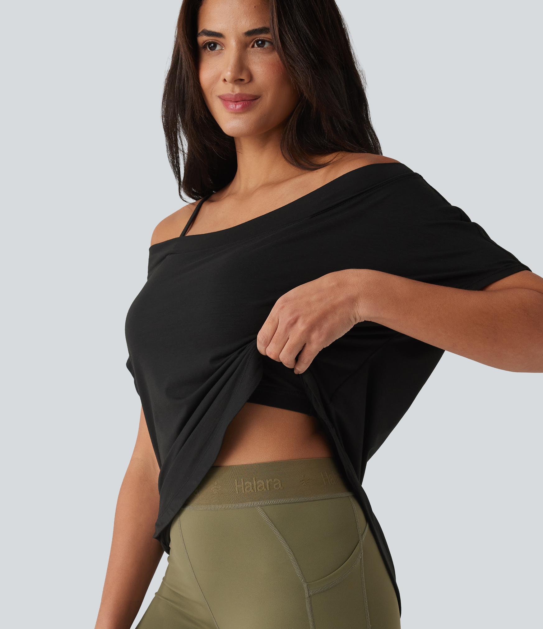 One Shoulder Short Sleeve Curved Hem High Low Built-in Bra Quick Dry Yoga Sports Top