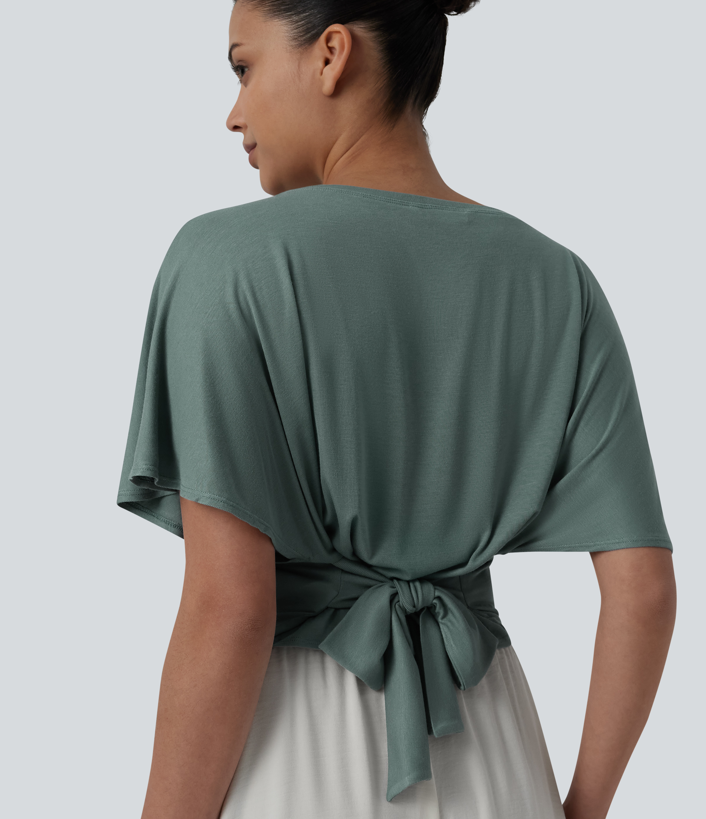 Boat Neck Ruffle Short Sleeve Tie Back Casual Top