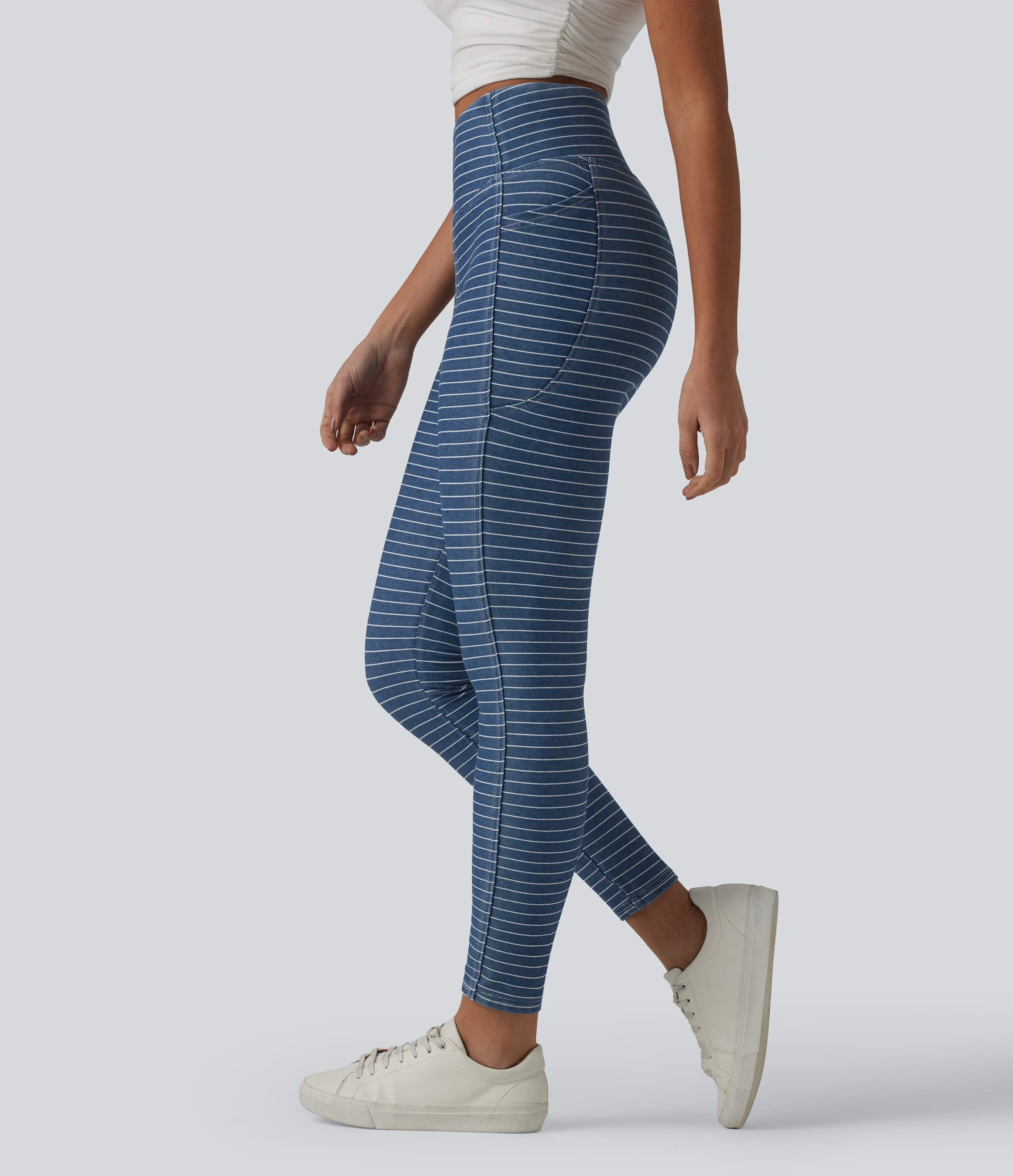 Halara Flex™ High Waisted Tummy Control Stripes Denim Casual 7/8 Leggings with Pockets