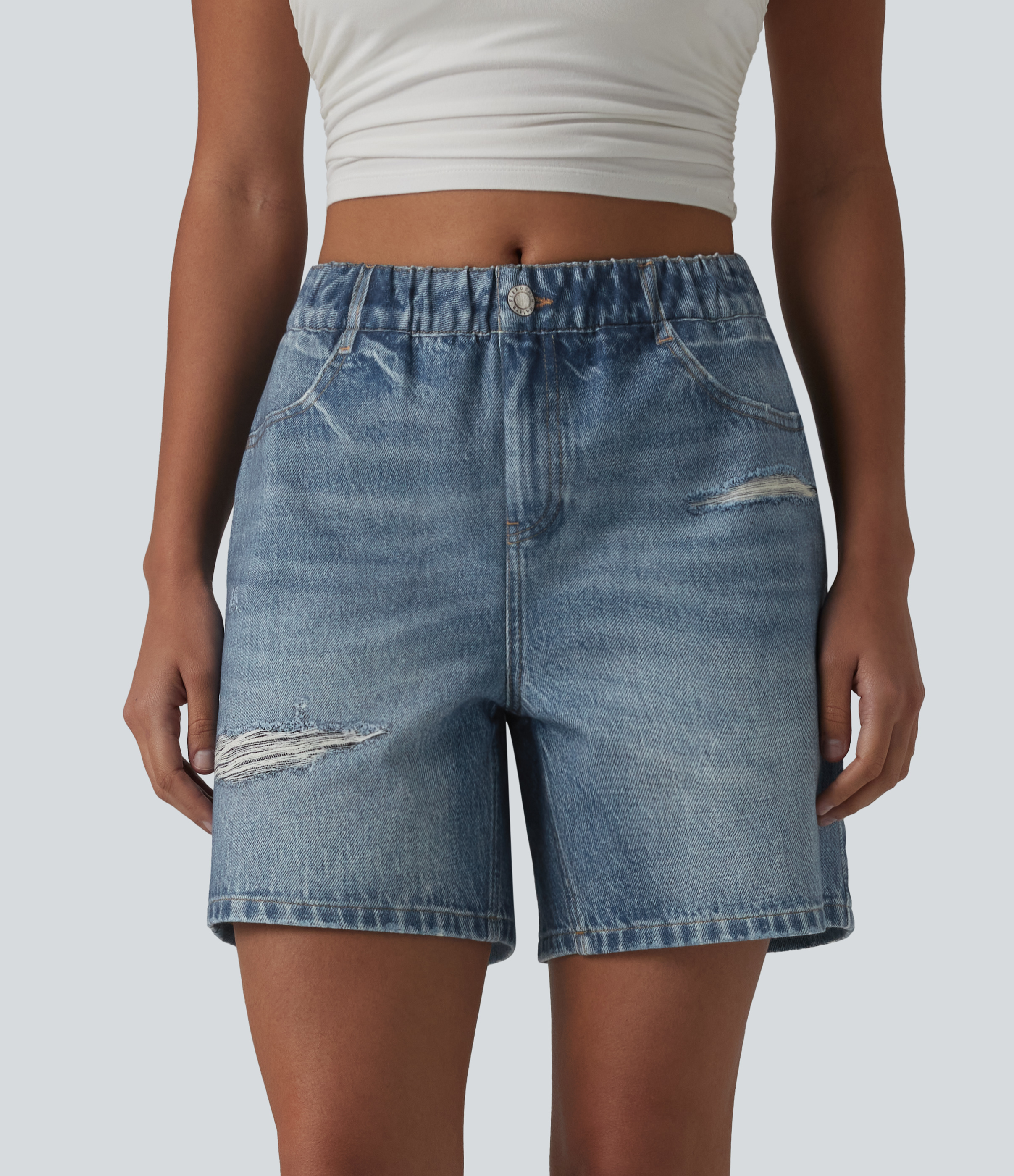 Pantalones cortos deportivos casuales de felpa francesa con estampado vaquero de tiro medio de 5 pulgadas con bolsillos.