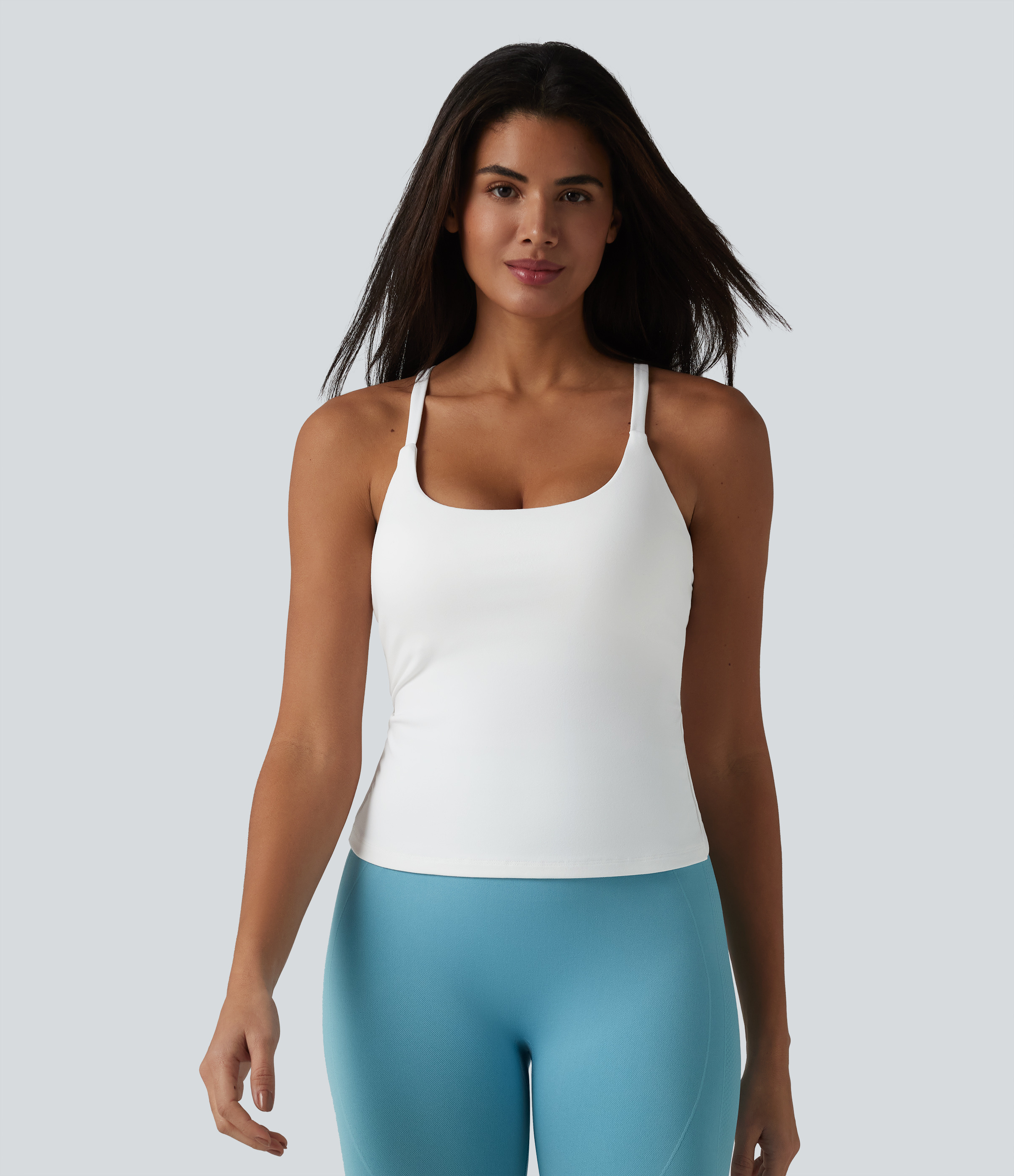 White Scoop Neck Crisscross Back Crossover Hem Built-in Bra Yoga Cami Top DD-F Cups / 2
