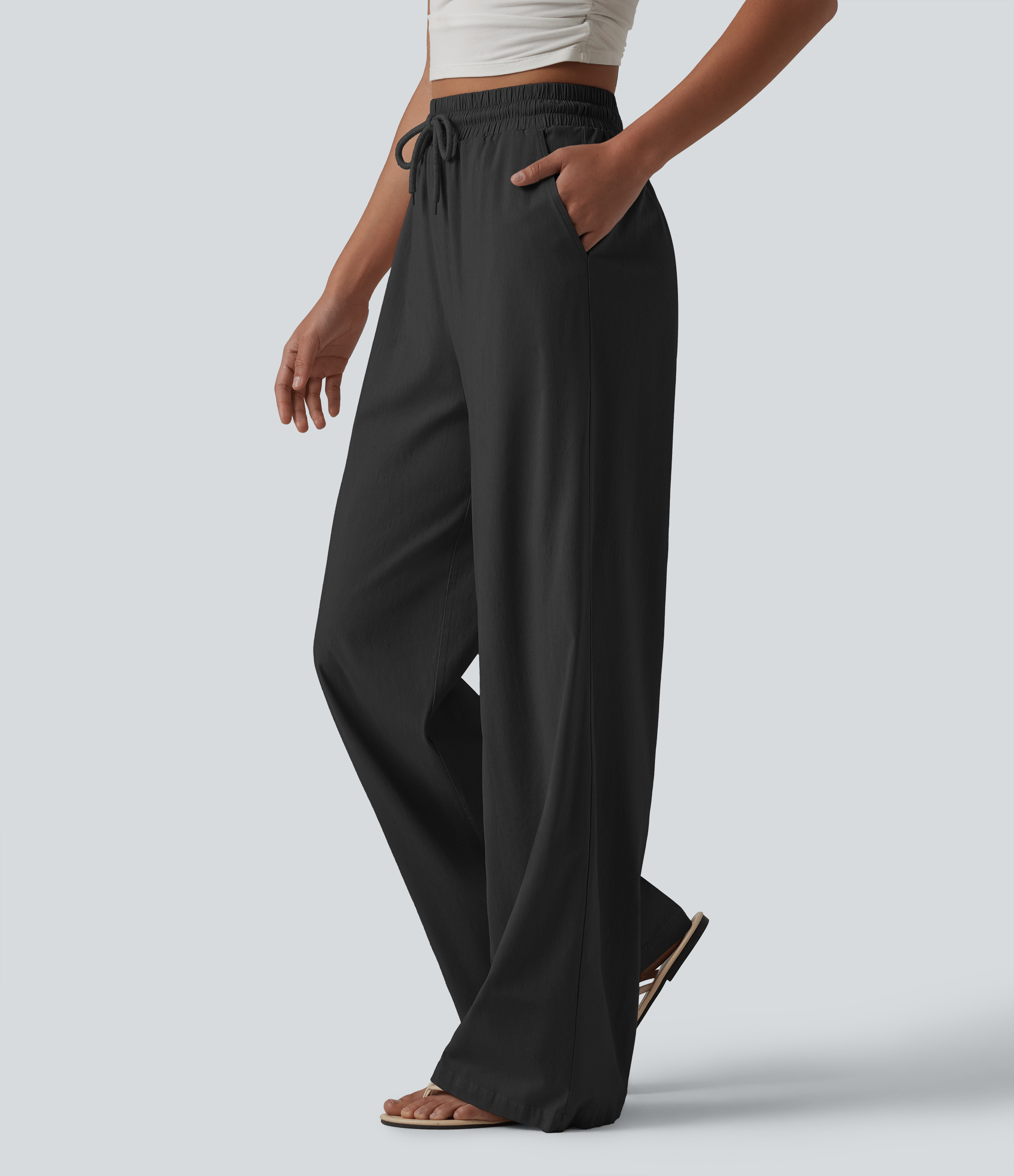 High Waisted Drawstring Wide Leg Baggy Casual Stretch Linen Pants with Pockets