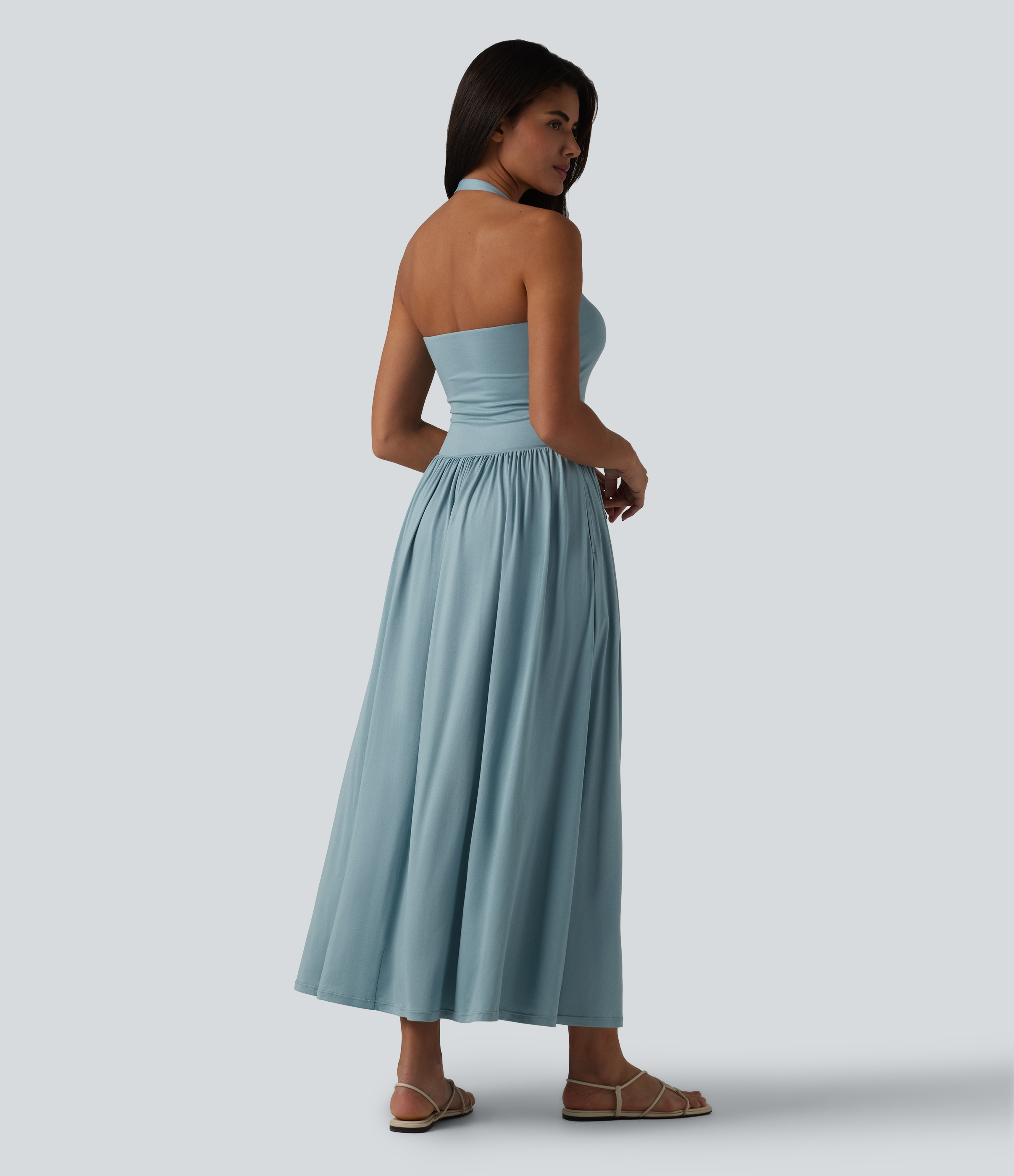 Stone Blue Robe longue fluide dos nu avec tour de cou, brassière intégrée et poches / 2