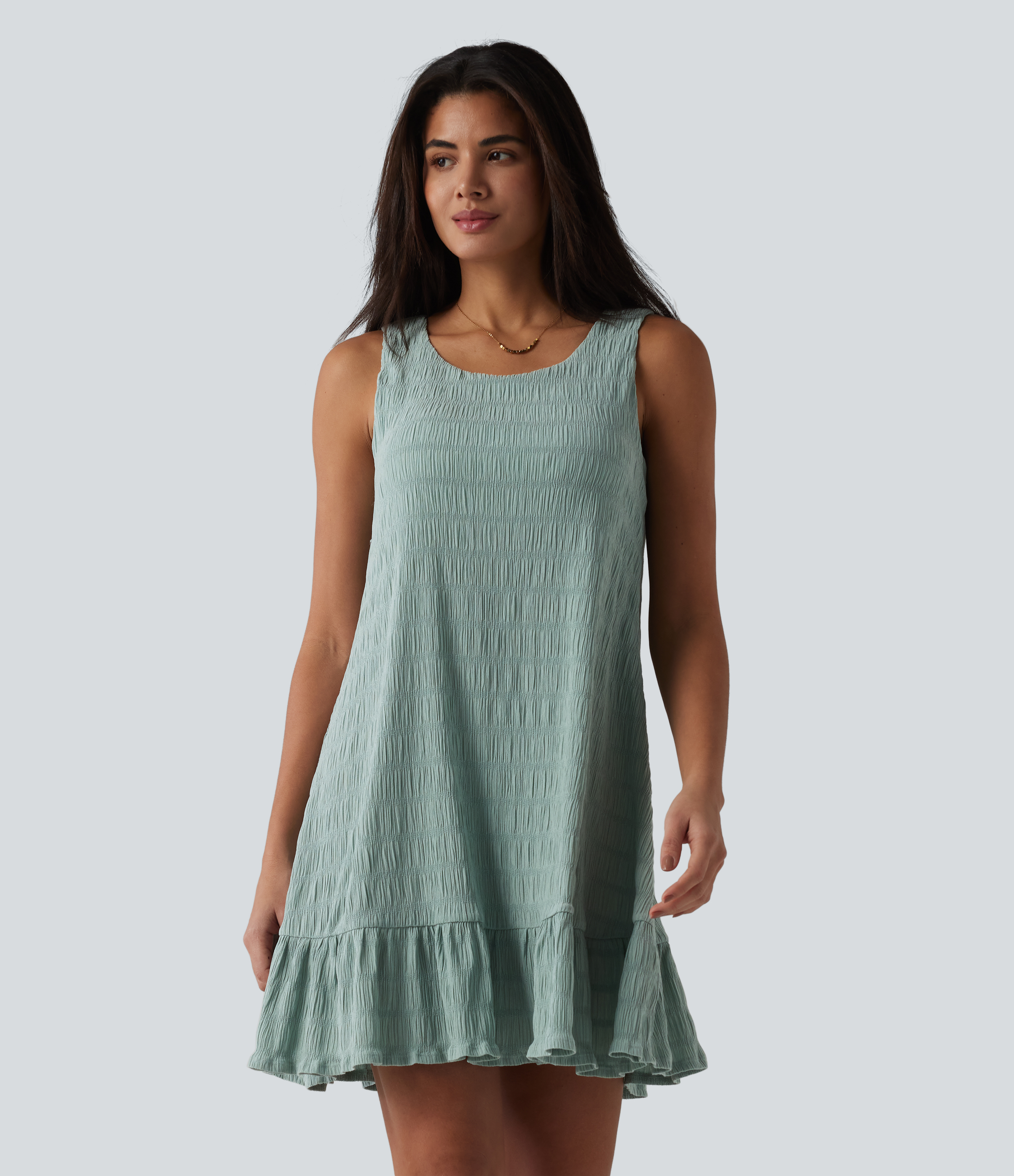 Round Neck Built-in Bra Sleeveless Ruffle Hem Mini Casual Dress