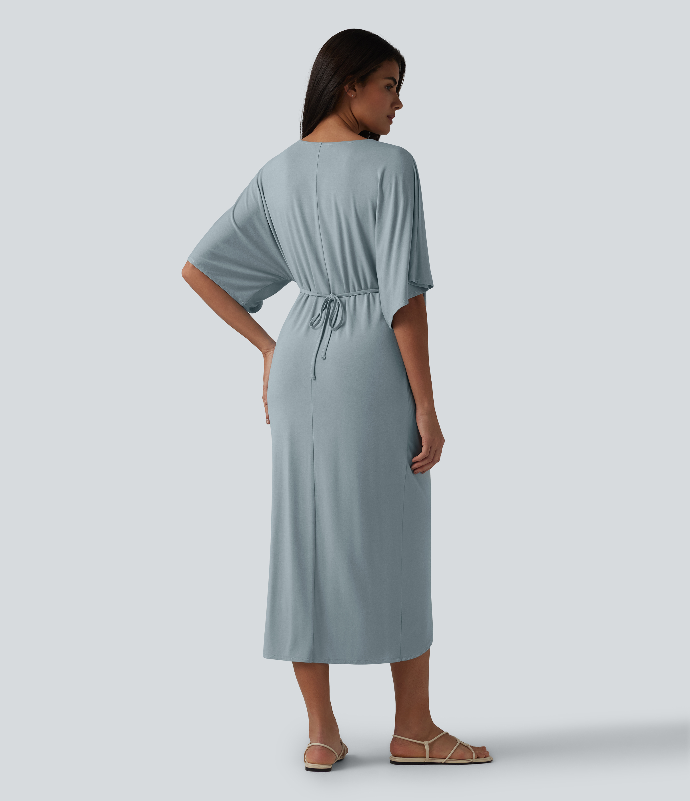 Misted Blue V-neck Batwing Sleeve Twisted Tulip Hem Midi Casual Dress / 2