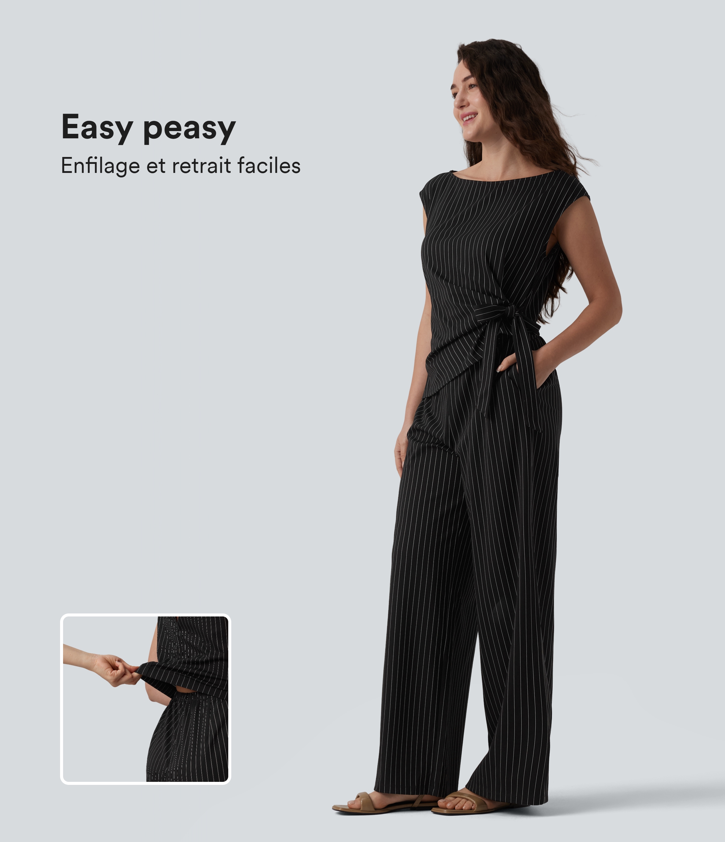 Combinaison tailleur col bateau sans manches à rayures et nœuds latéraux toucher frais avec poches - Édition Easy Peasy
