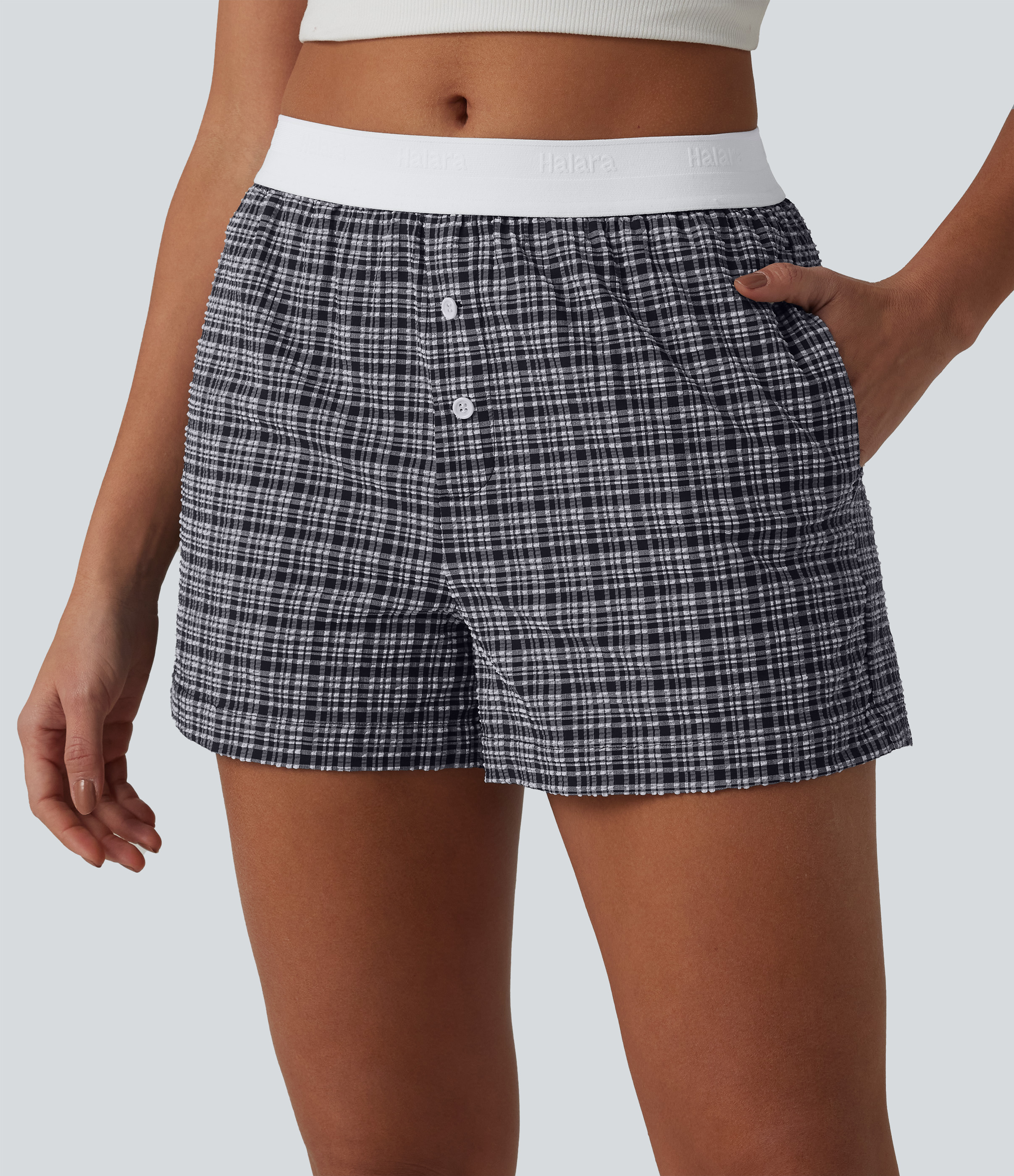 Short ample taille mi-haute color block à carreaux en tissu froissé séchage rapide avec poches